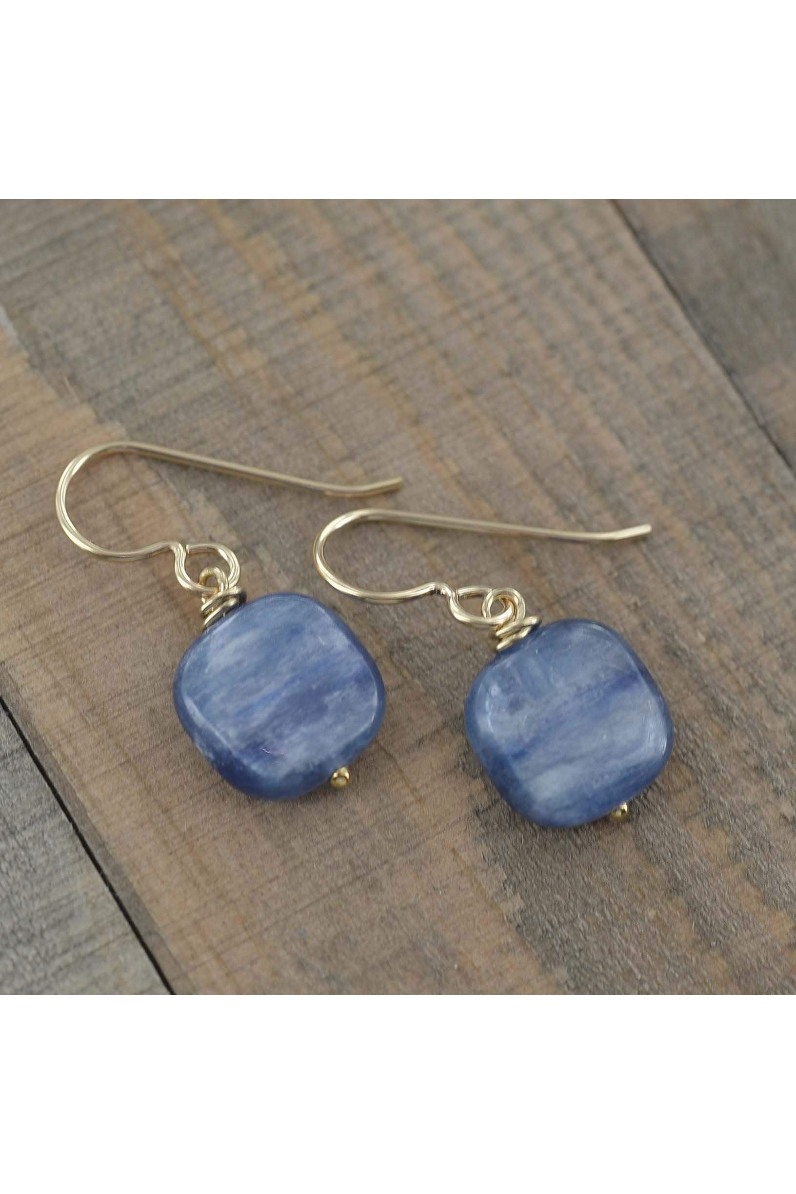 Blue Kyanite Gemstone Square Briolette Dangle Earrings