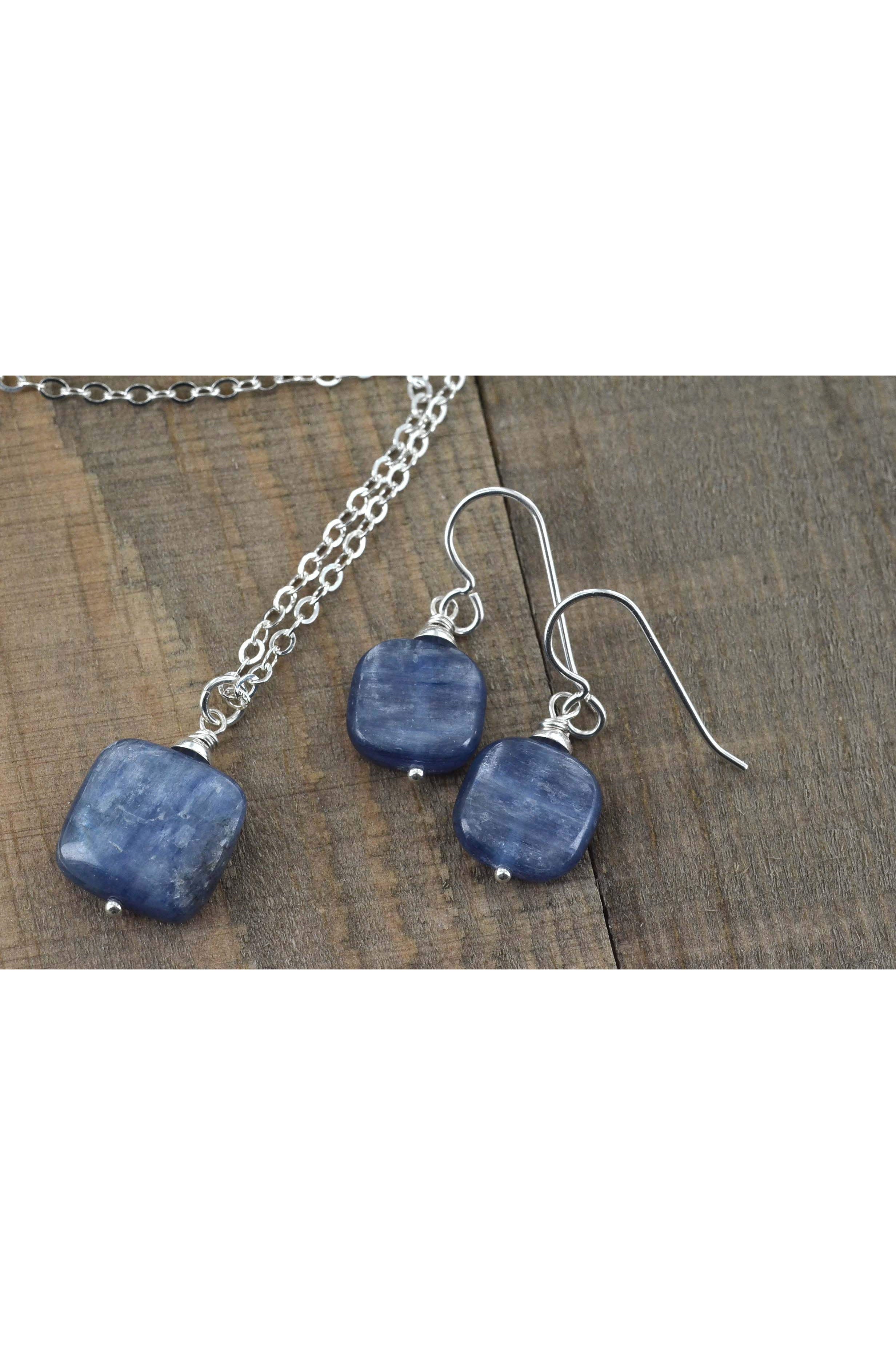 Kyanite Square Blue Gemstone Earrings & Necklace Set