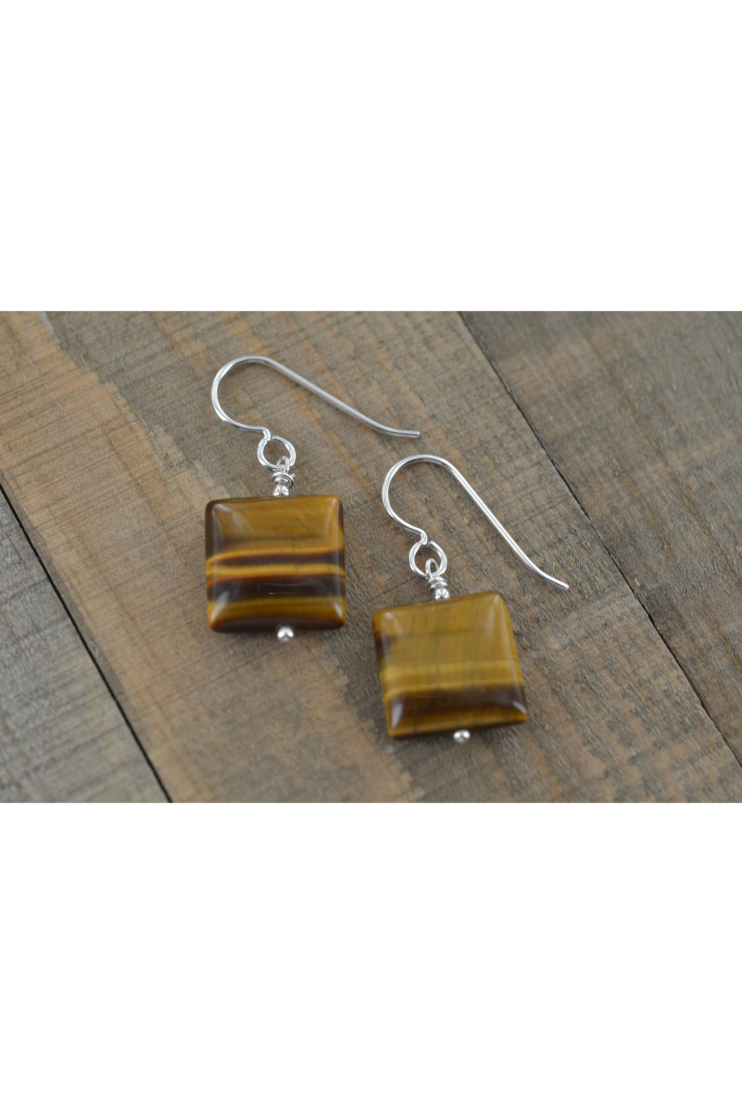 Square Tigers Eye Brown Silver Earrings