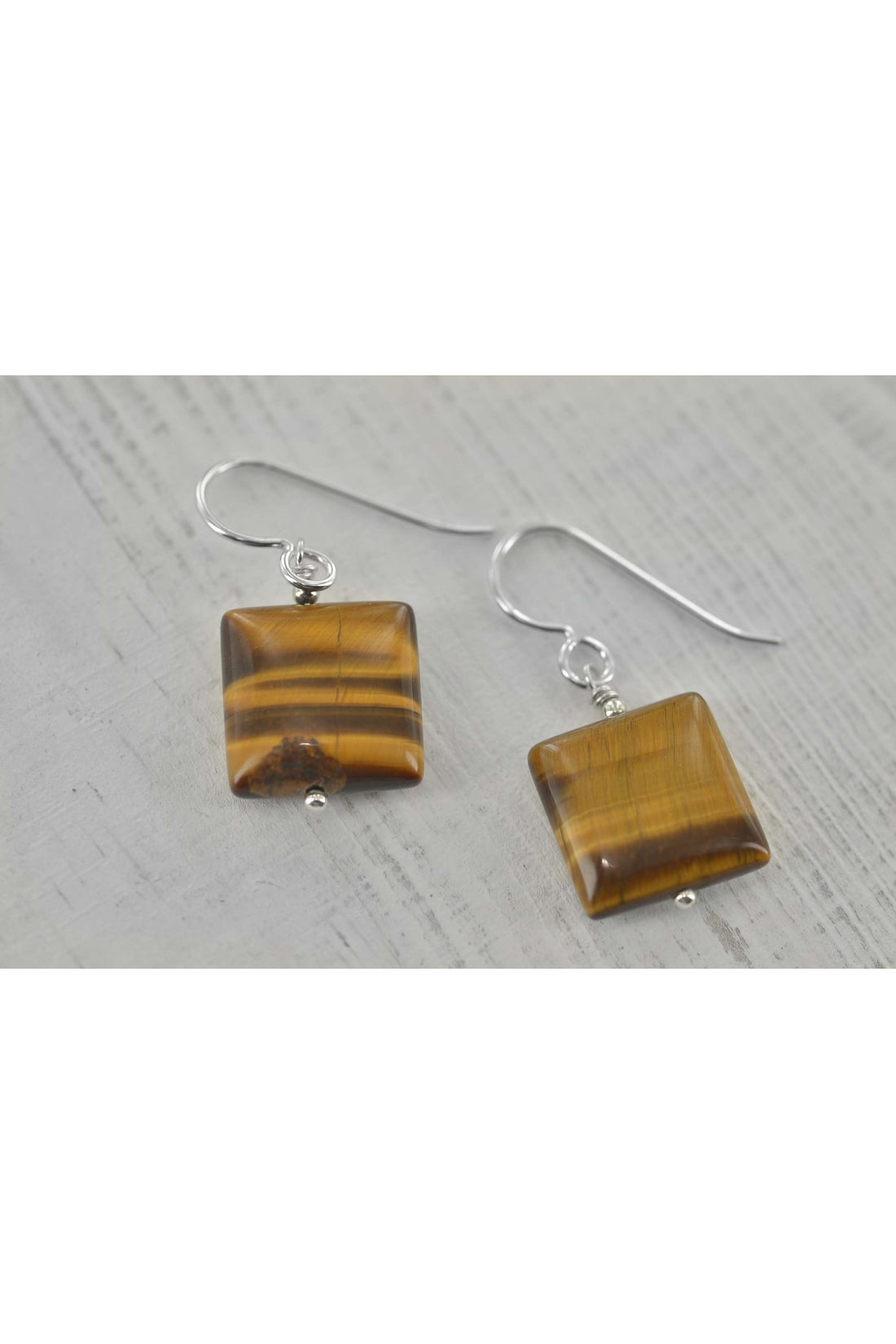 Square Tigers Eye Brown Silver Earrings