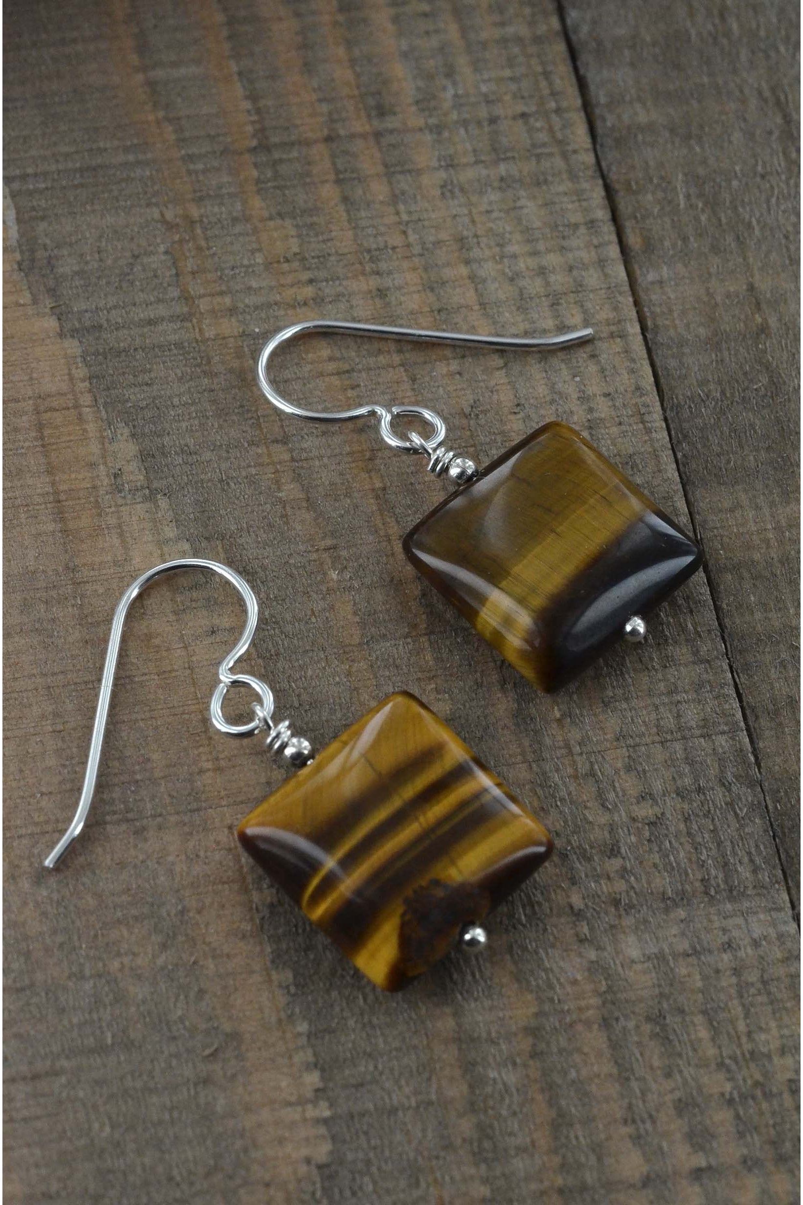 Square Tigers Eye Brown Silver Earrings