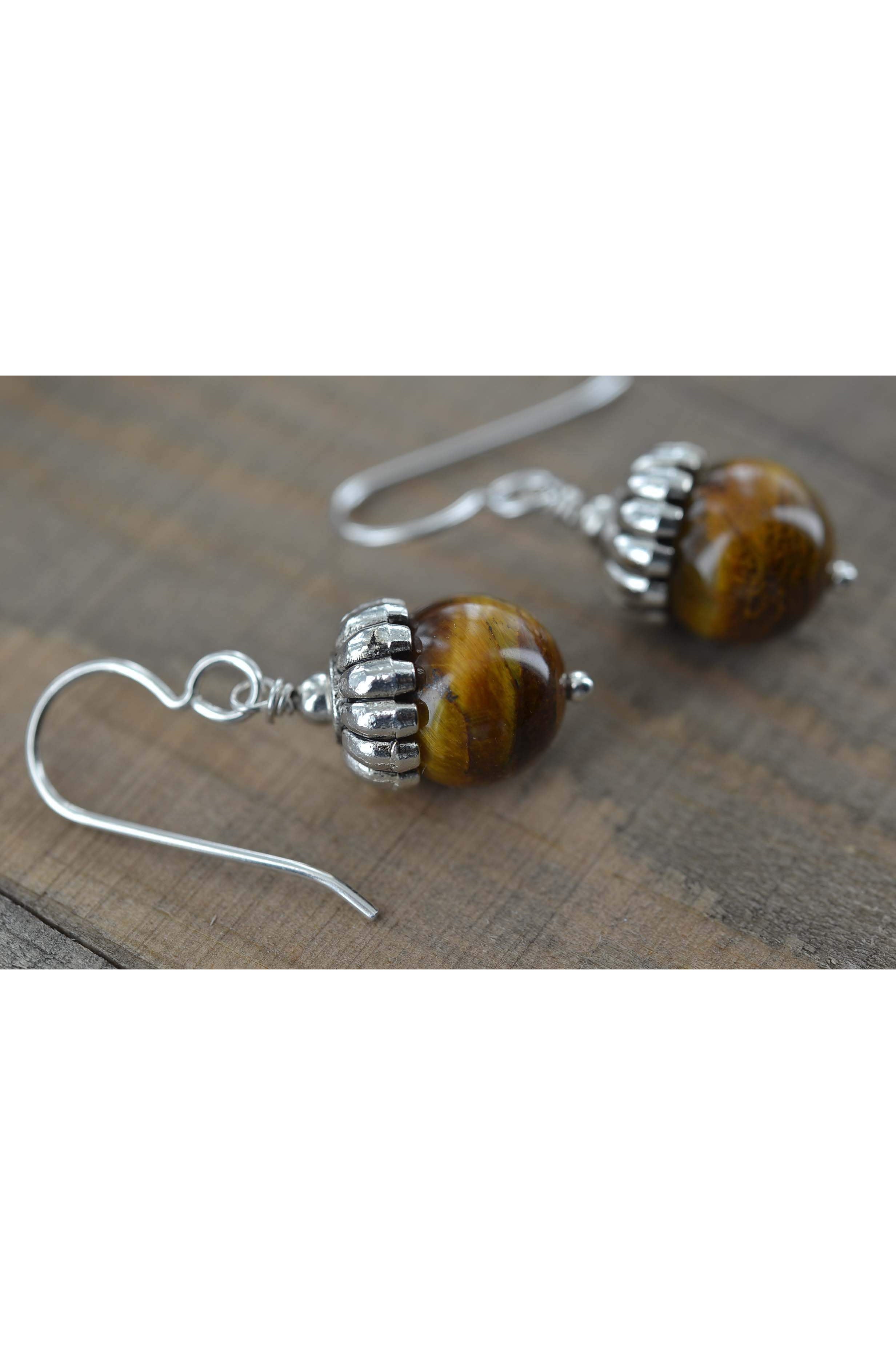 Round Tiger Eye Bead, Brown Earrings