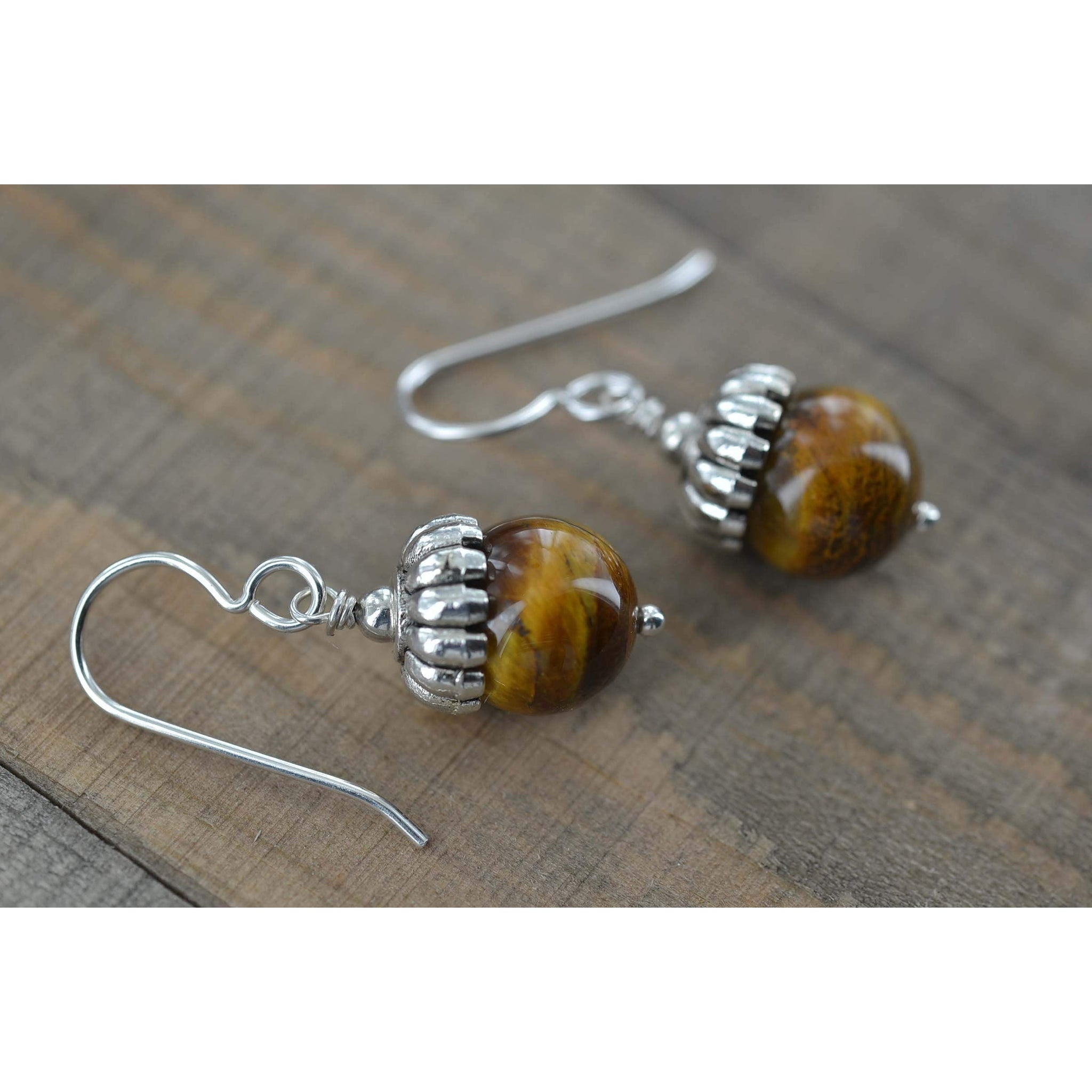 Round Tiger Eye Bead, Brown Earrings