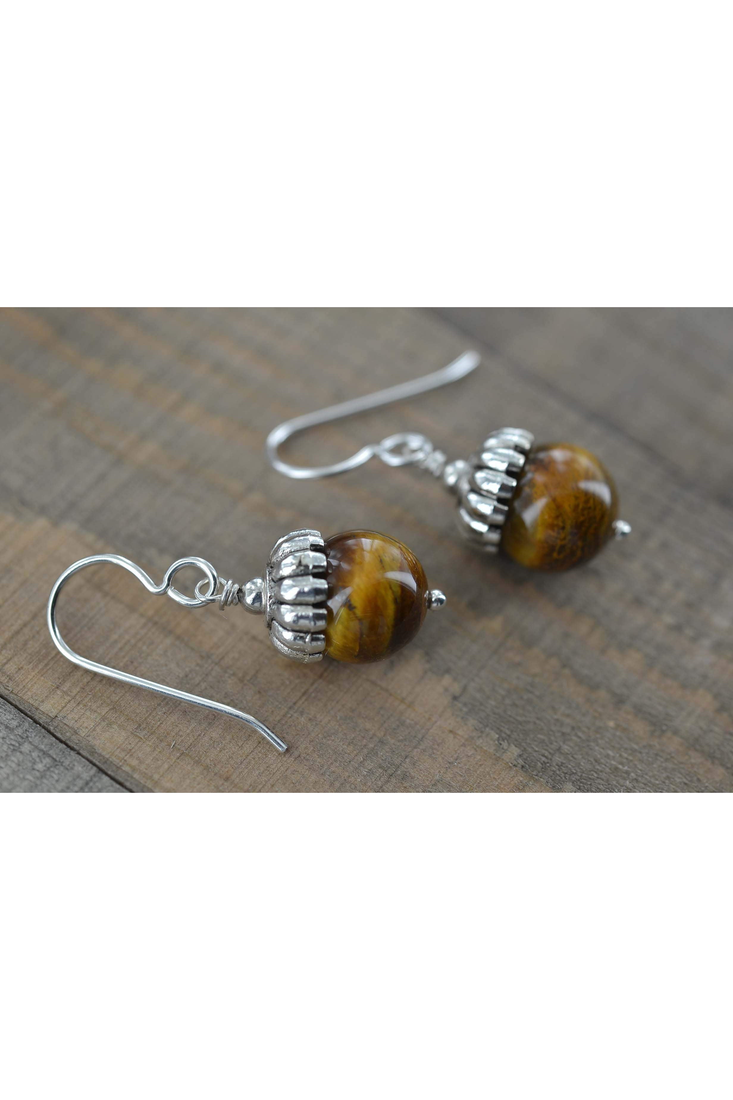 Round Tiger Eye Bead, Brown Earrings