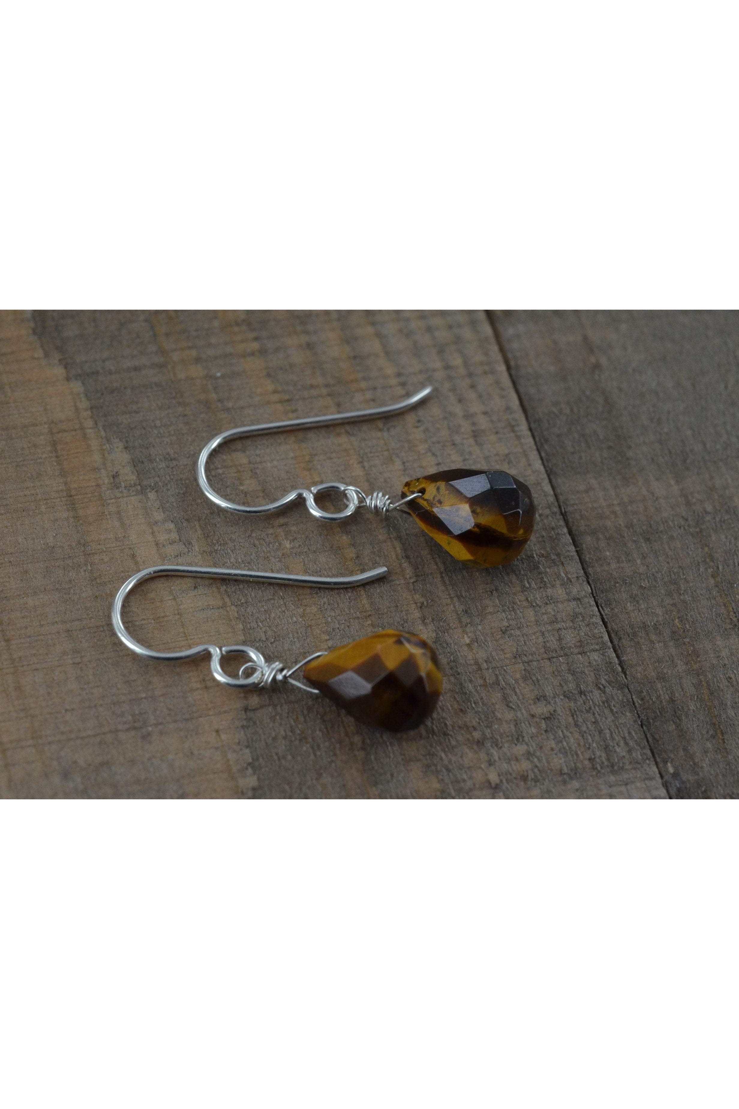 Dainty Brown Tiger Eye Teardrop Gemstone Dangle Earrings