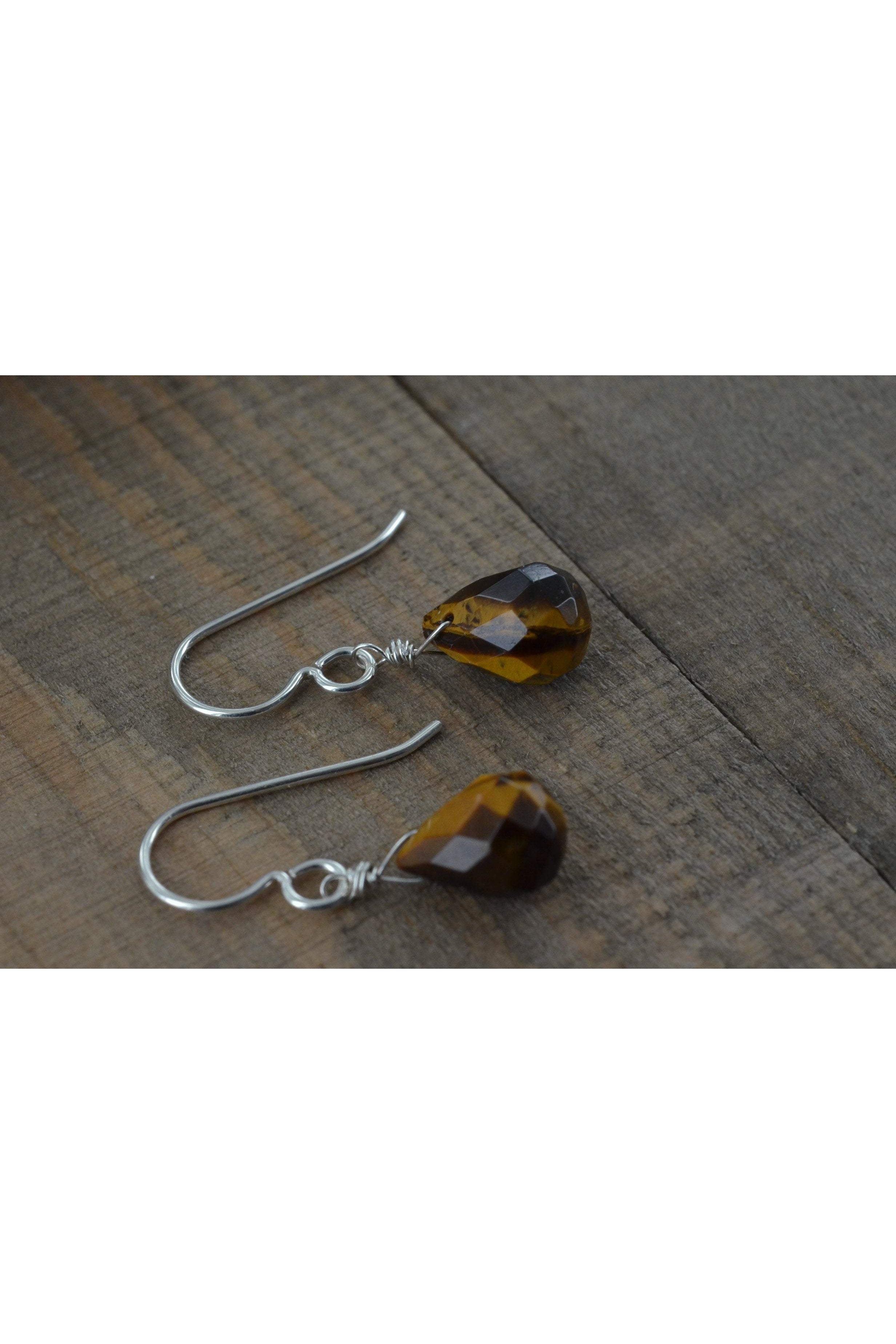 Dainty Brown Tiger Eye Teardrop Gemstone Dangle Earrings