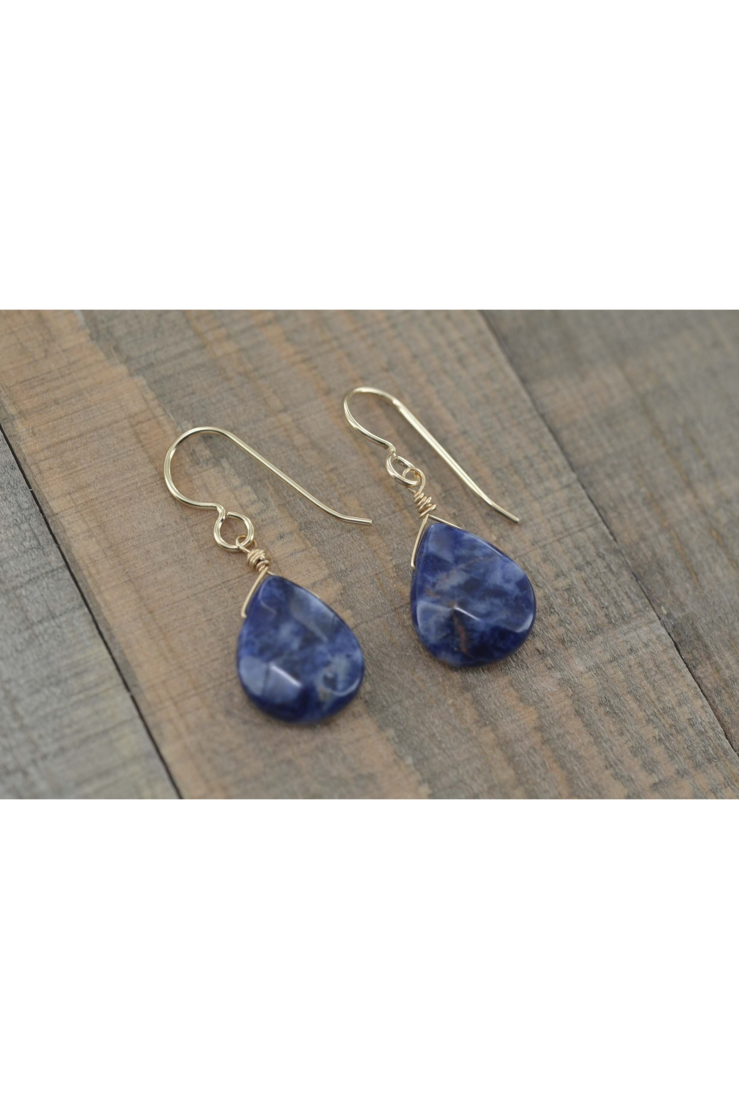 Dark Blue Sodalite Gold Dangle Earrings
