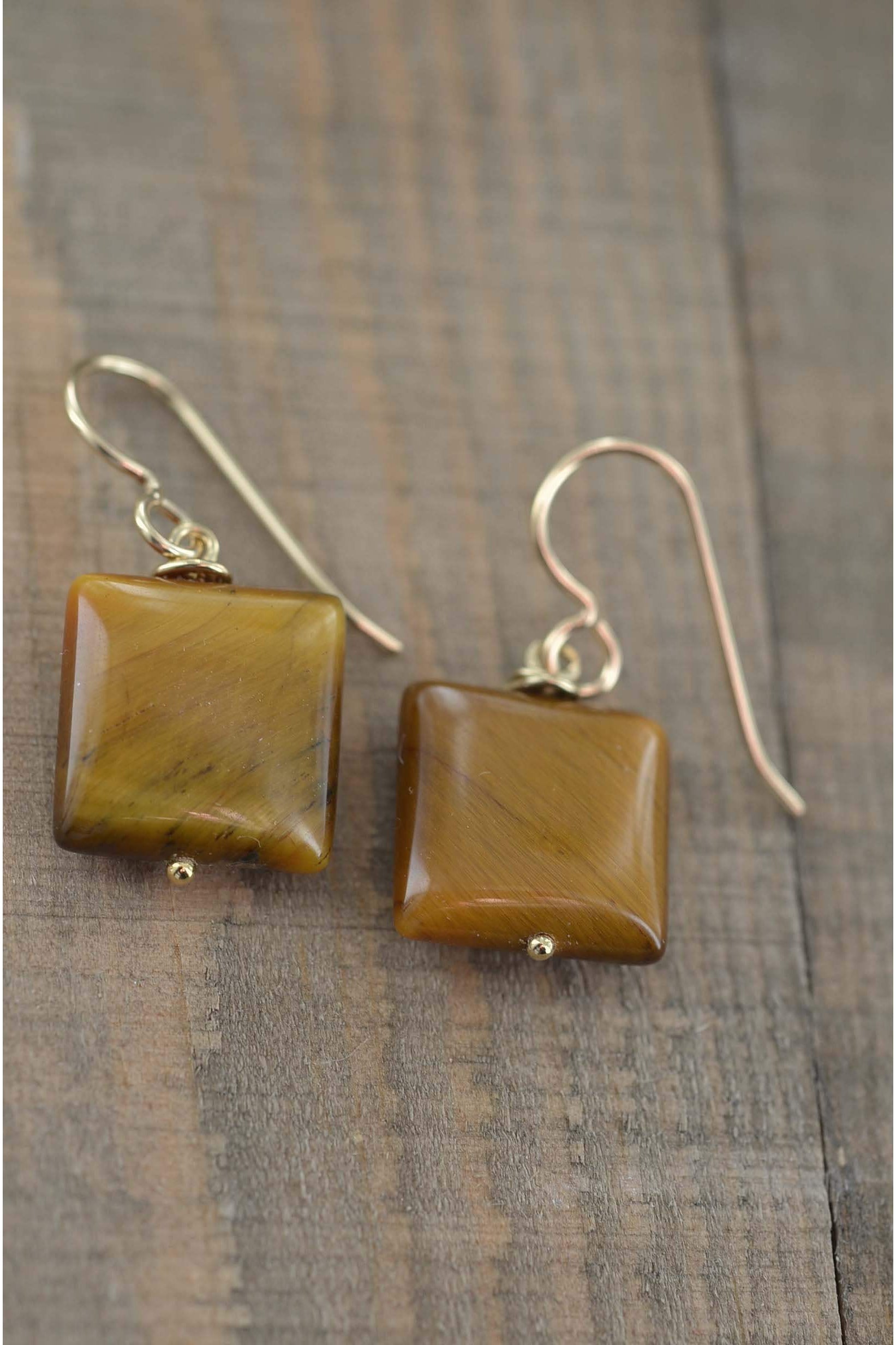 Rectangle Brown Tigers Eye Gemstone Gold Earrings