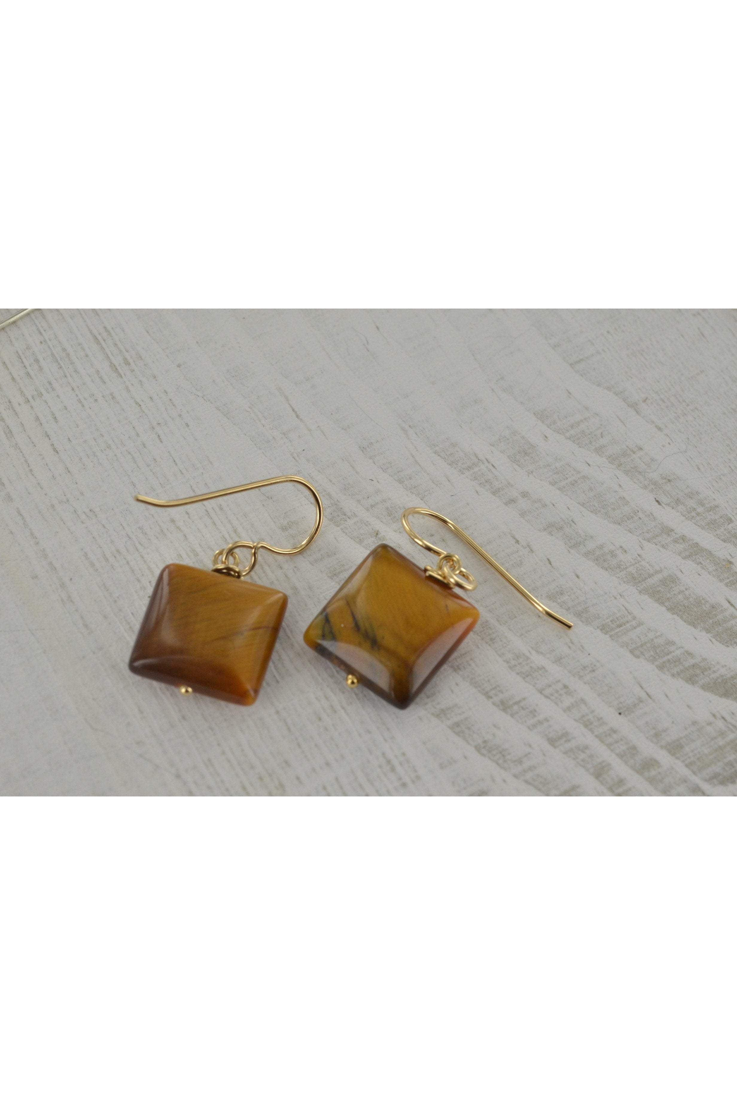 Rectangle Brown Tigers Eye Gemstone Gold Earrings
