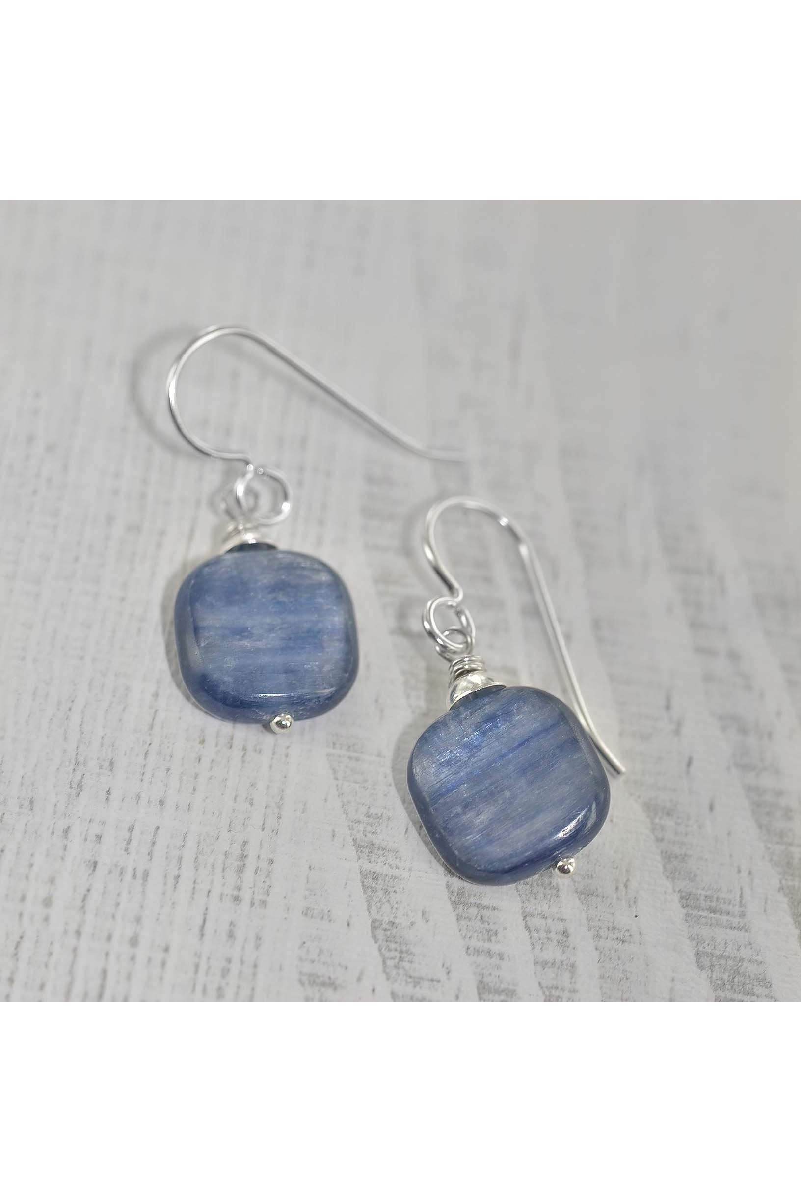 Square Blue Kyanite Gemstone Dangle Earrings