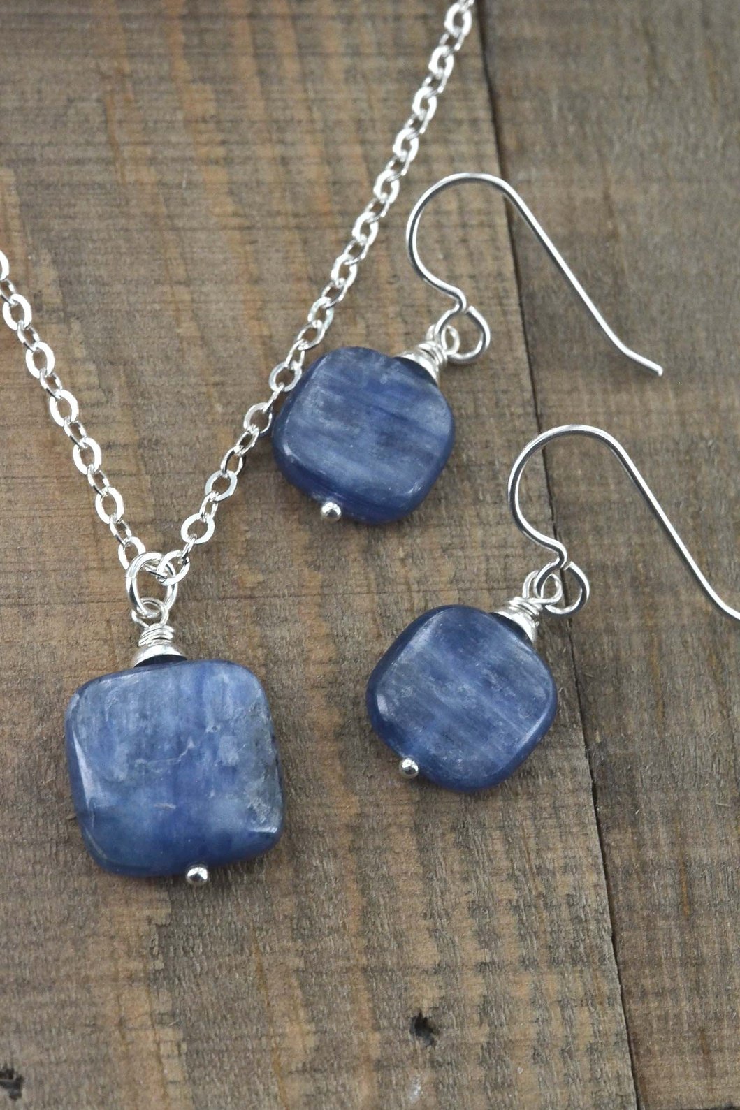 Kyanite Square Blue Gemstone Earrings & Necklace Set