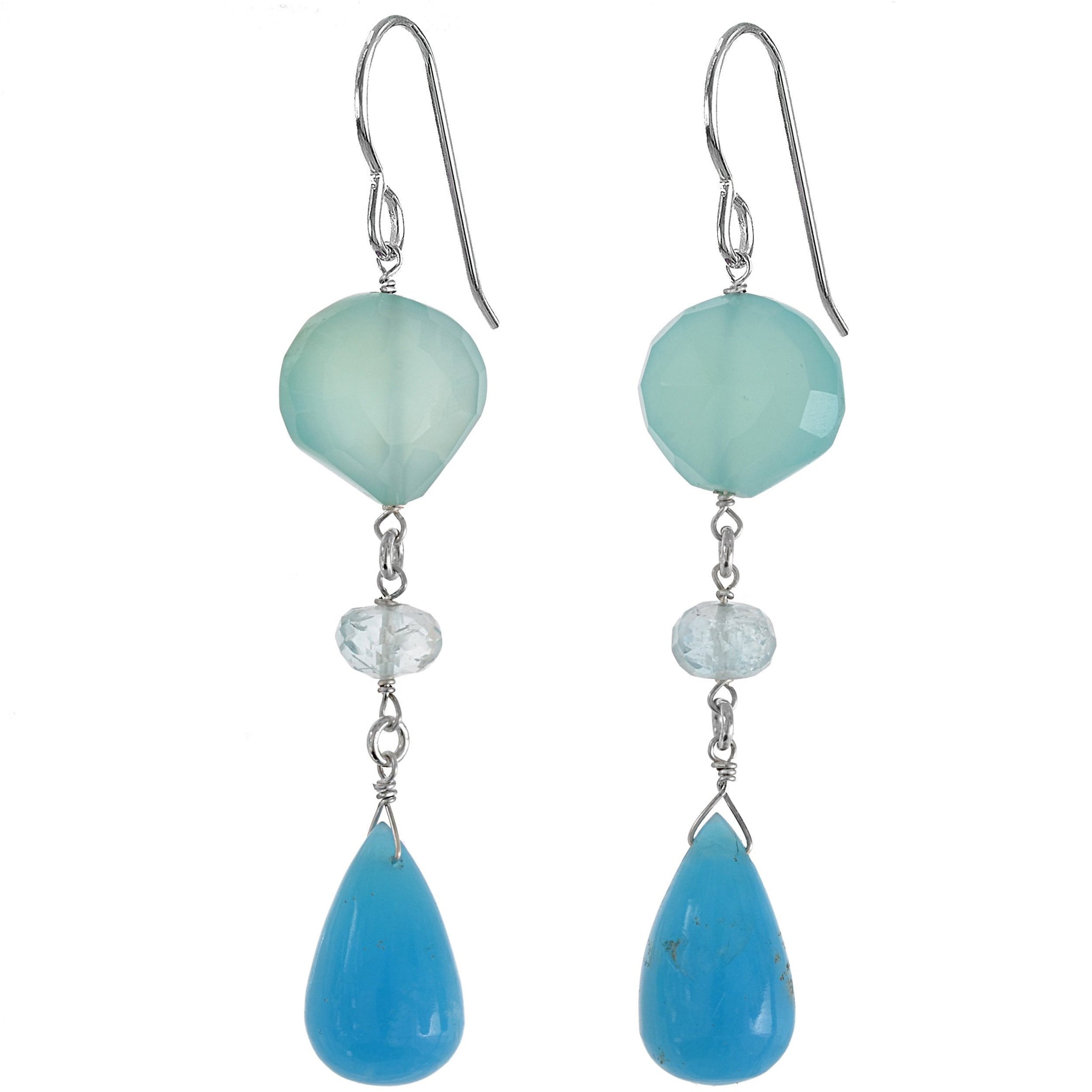 Blue Hemimorphite, Aquamarine, Chalcedony Gem Earrings