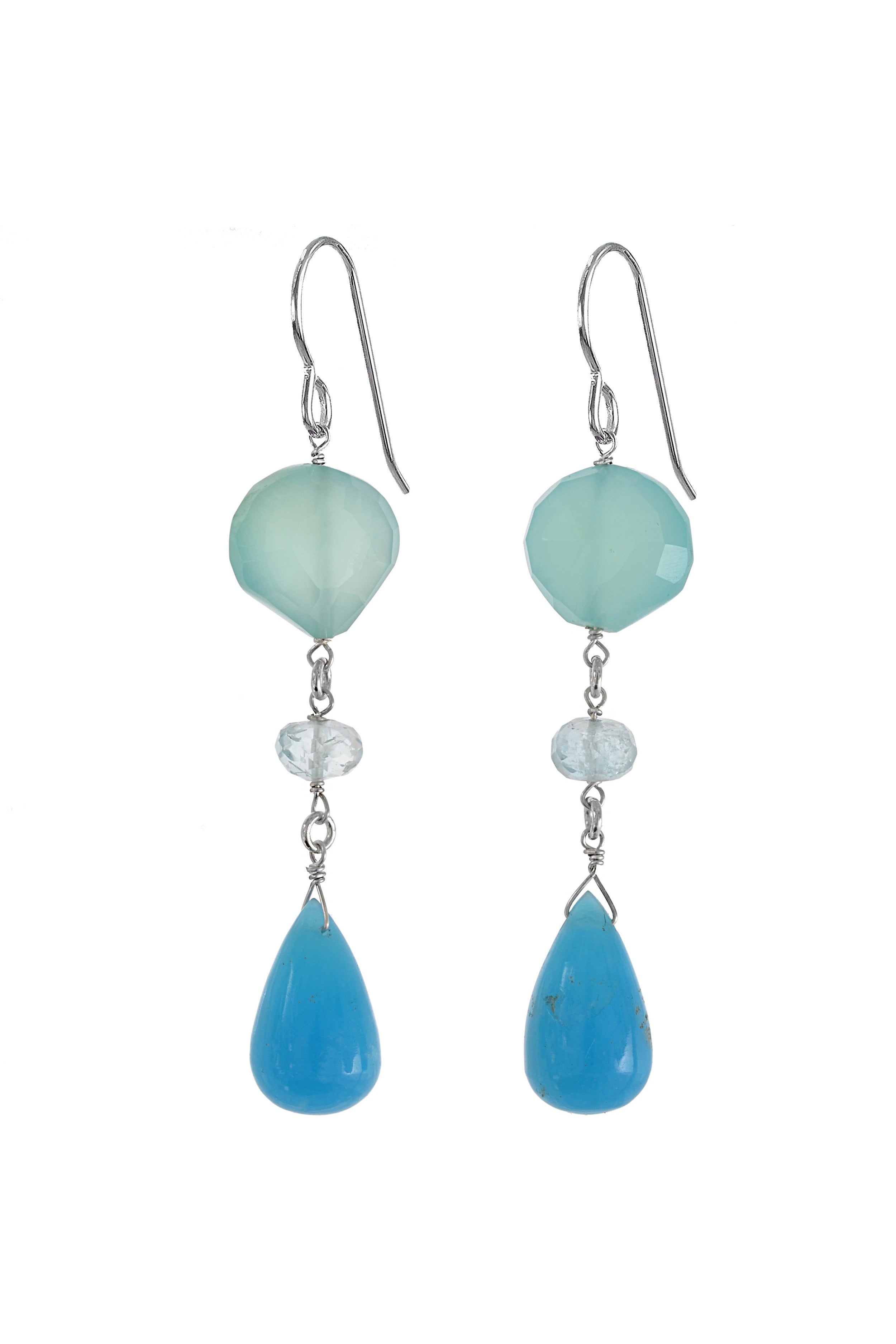 Blue Hemimorphite, Aquamarine, Chalcedony Gem Earrings