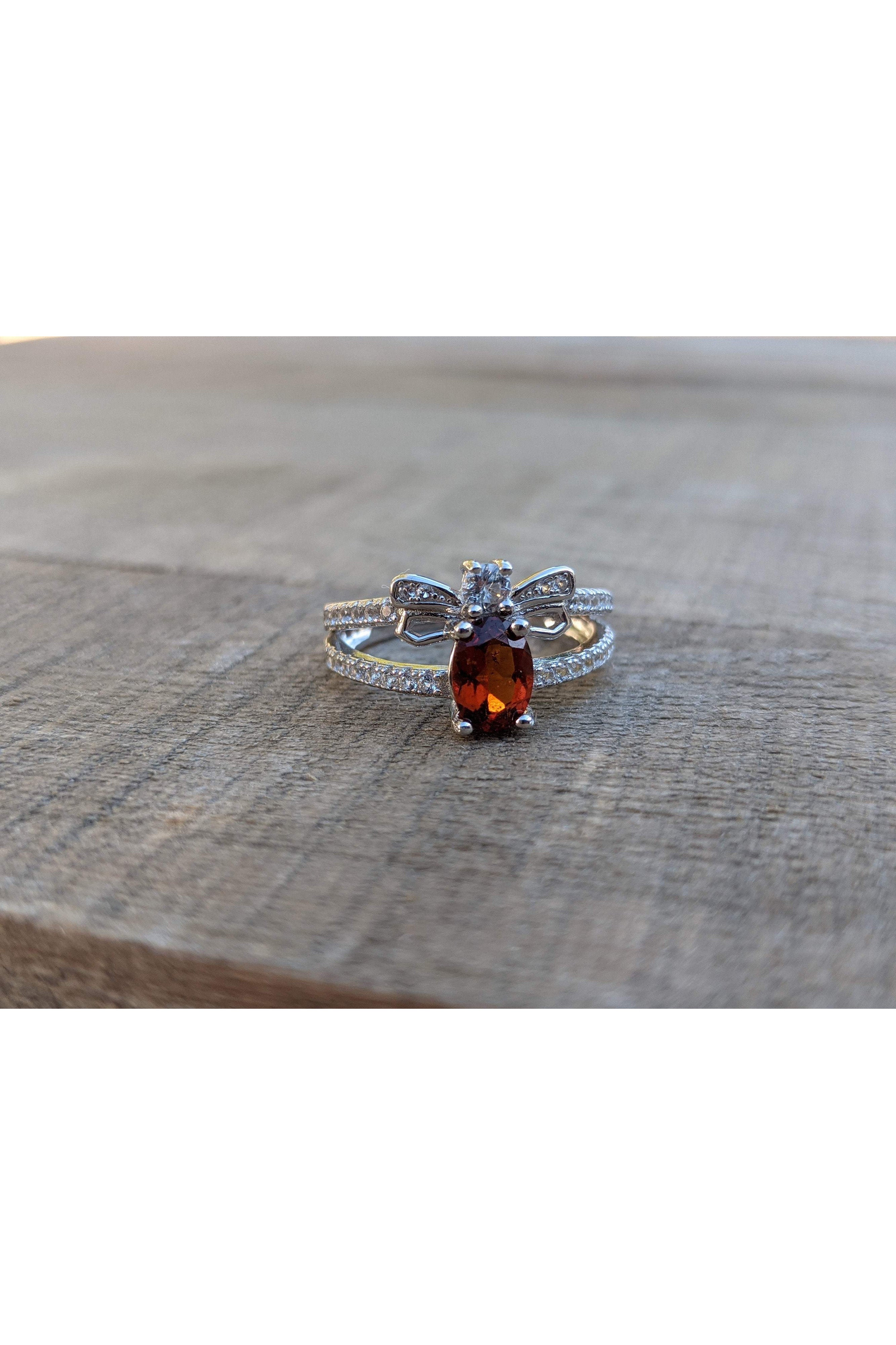 Bee Ring, Dark Orange Red Hessonite Garnet