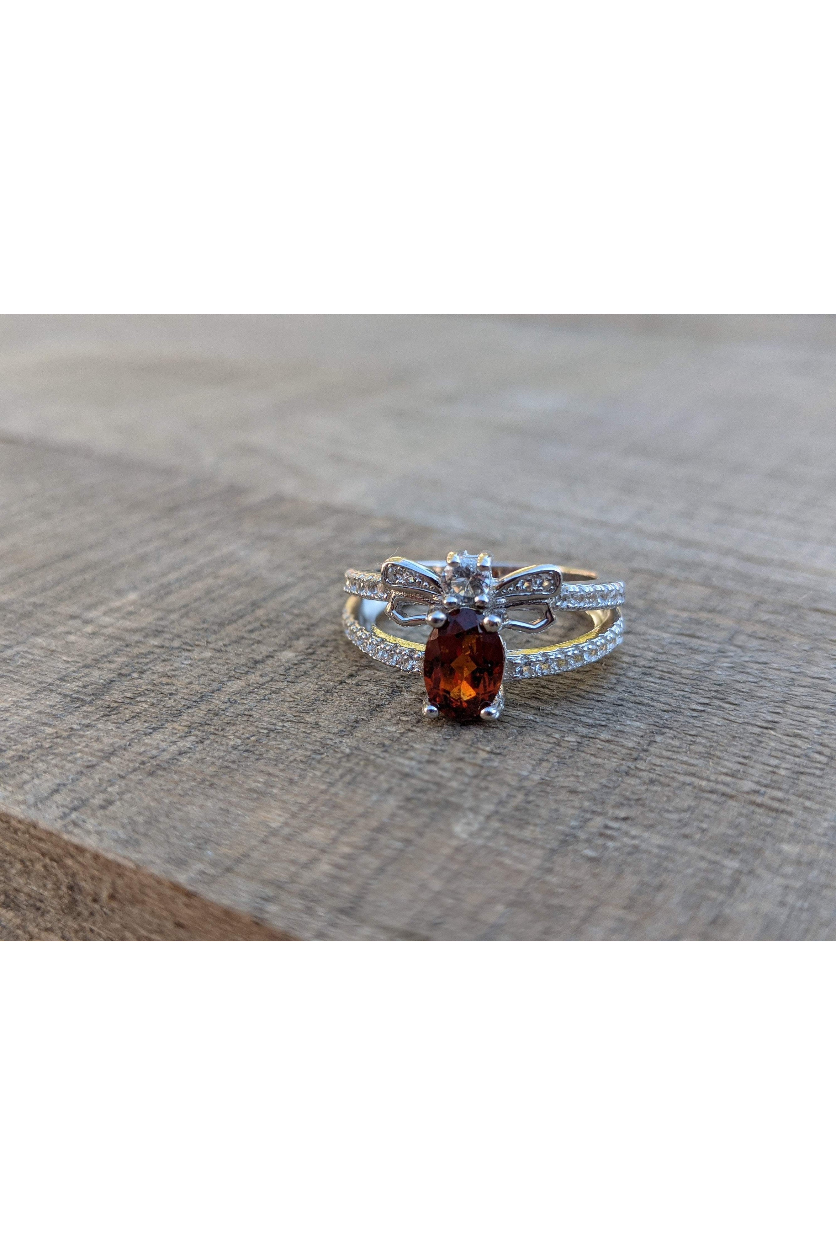 Bee Ring, Dark Orange Red Hessonite Garnet