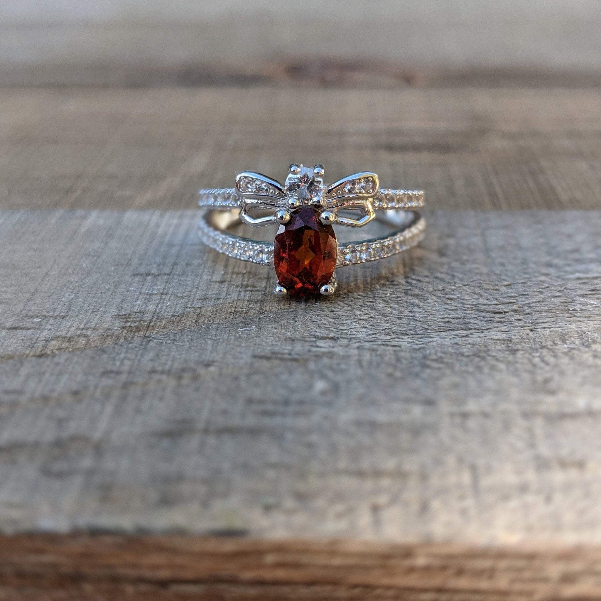 Bee Ring, Dark Orange Red Hessonite Garnet