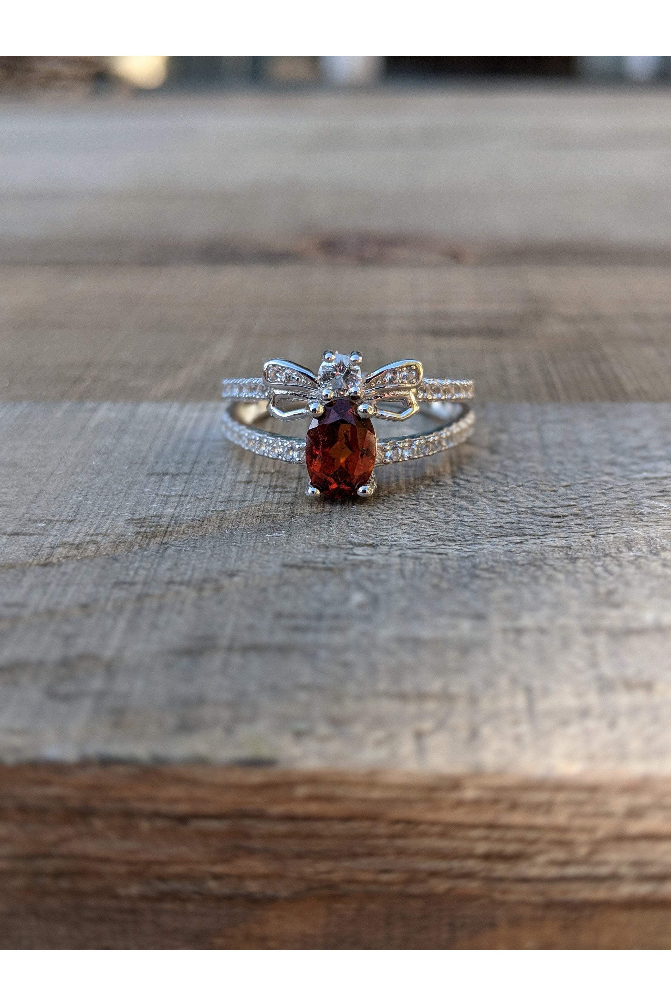 Bee Ring, Dark Orange Red Hessonite Garnet