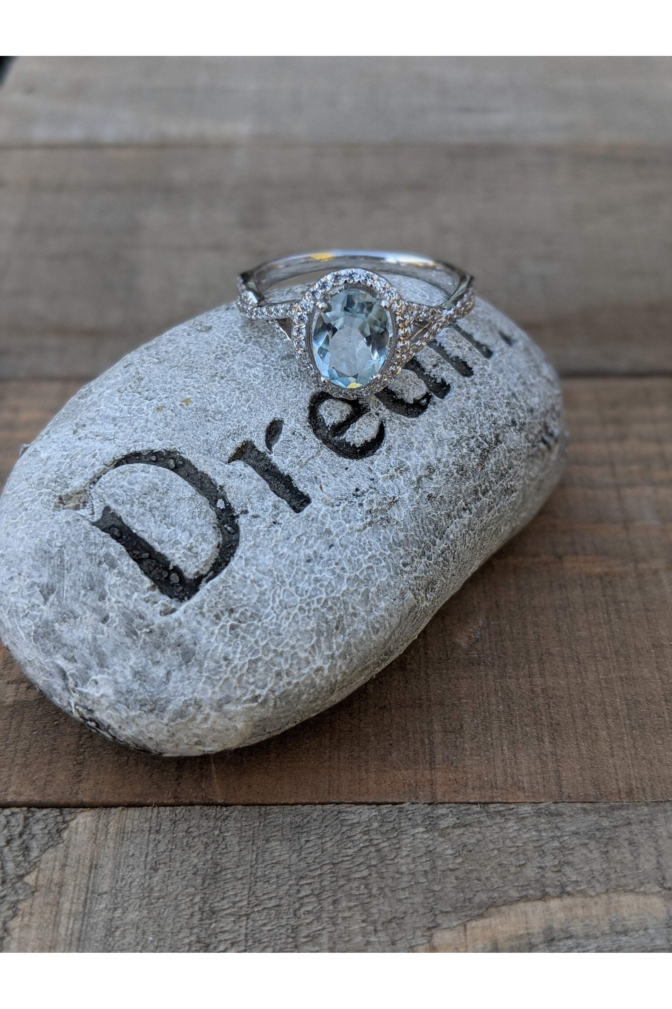 Aquamarine Ring, Blue Gemstone, CZ Engagement Ring