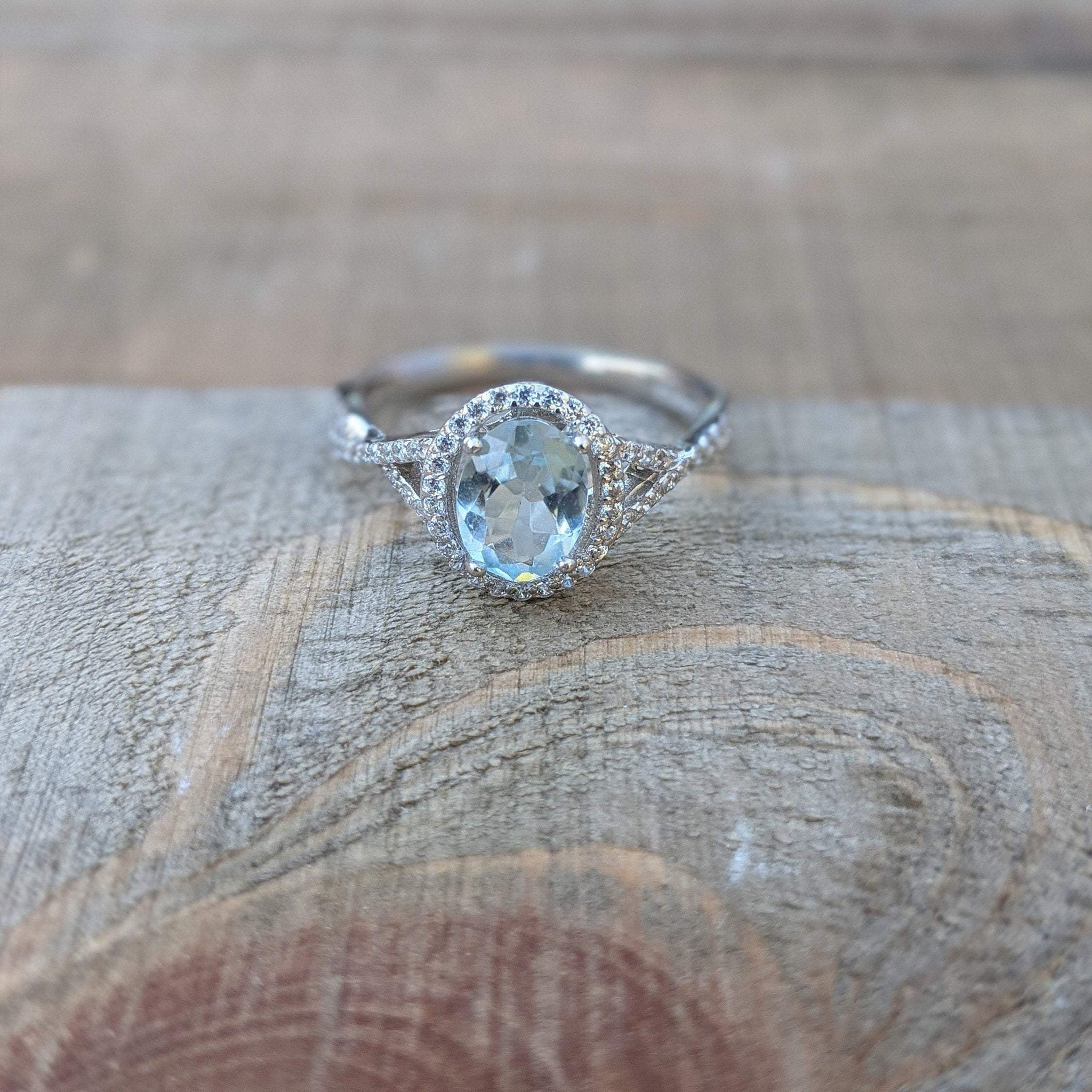 Aquamarine Ring, Blue Gemstone, CZ Engagement Ring