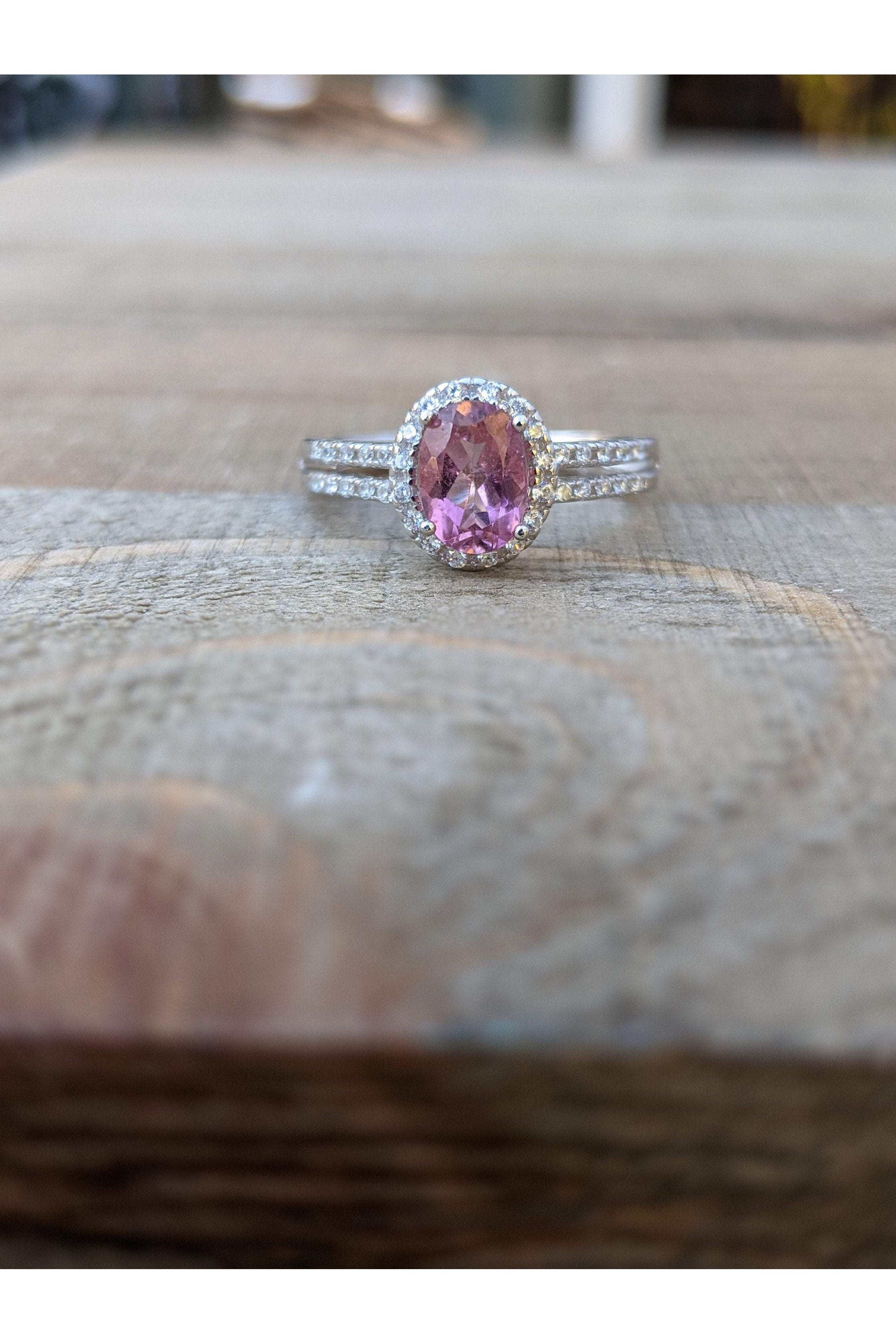 Pink Tourmaline Dainty Ring, CZ Side Stones