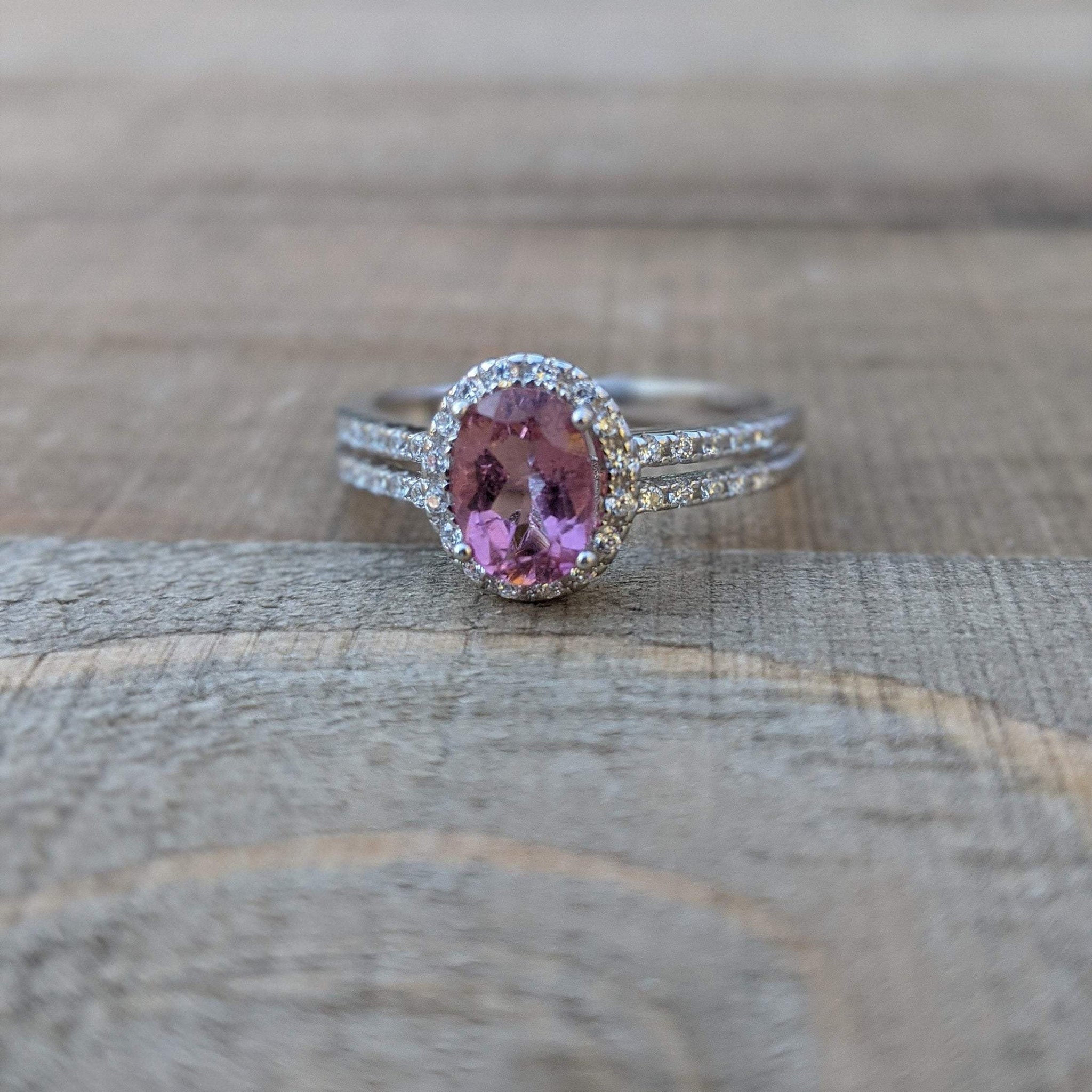 Pink Tourmaline Dainty Ring, CZ Side Stones