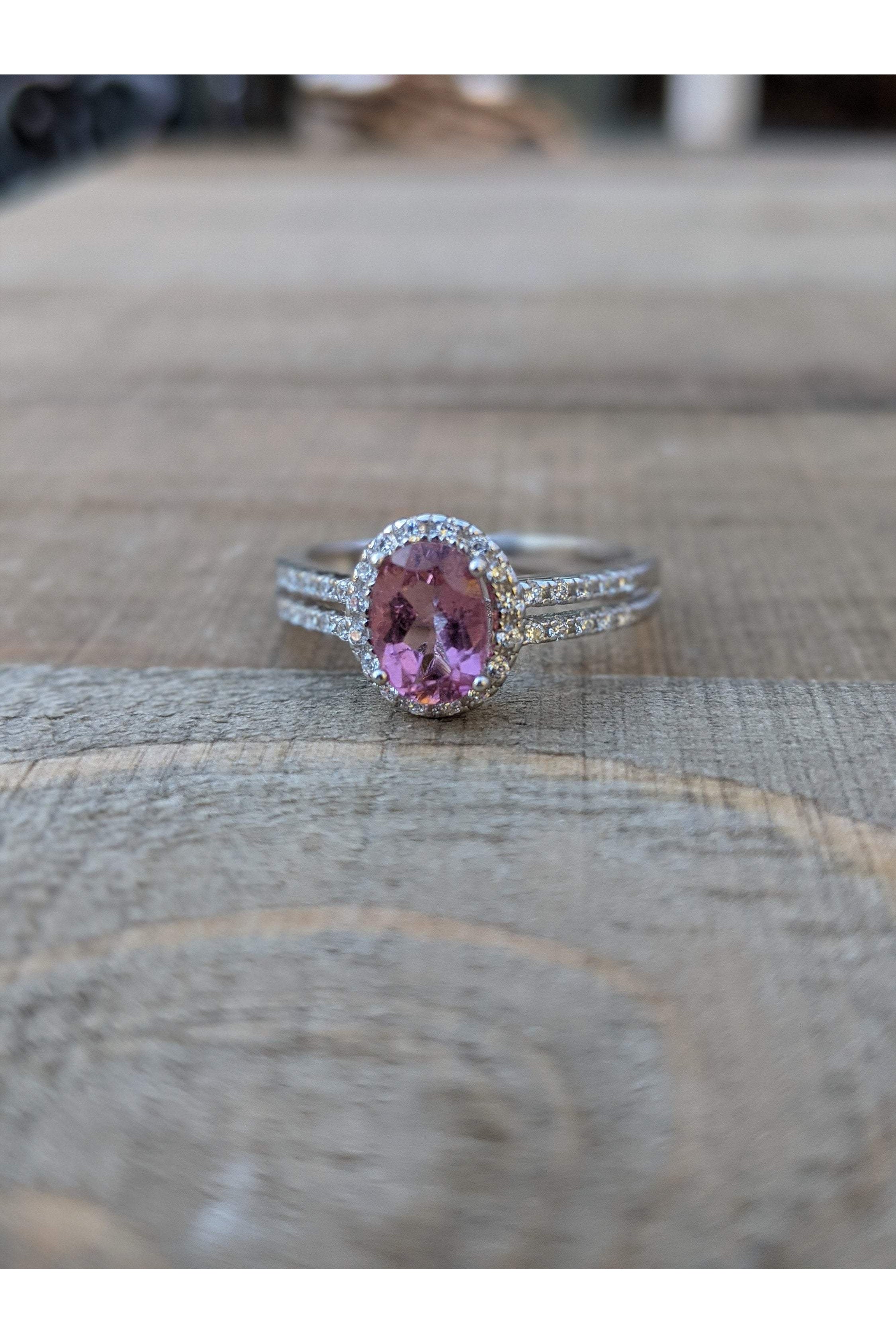 Pink Tourmaline Dainty Ring, CZ Side Stones