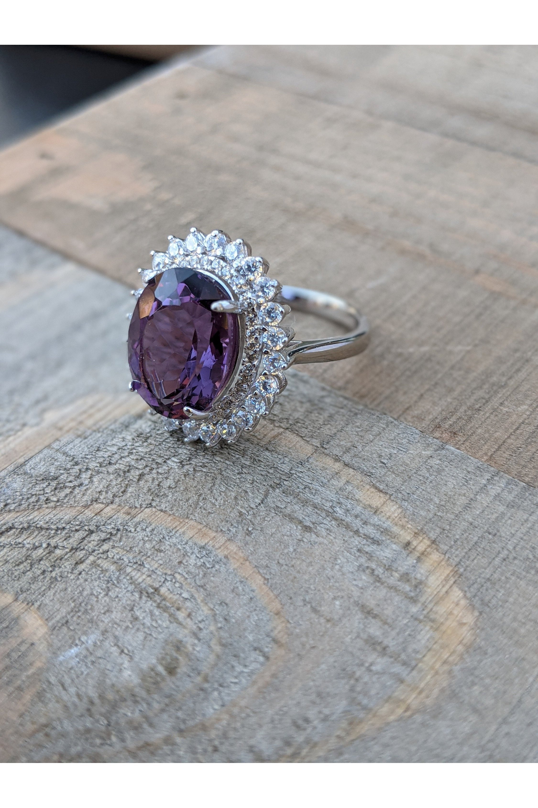 Amethyst Cluster Silver Ring with CZ