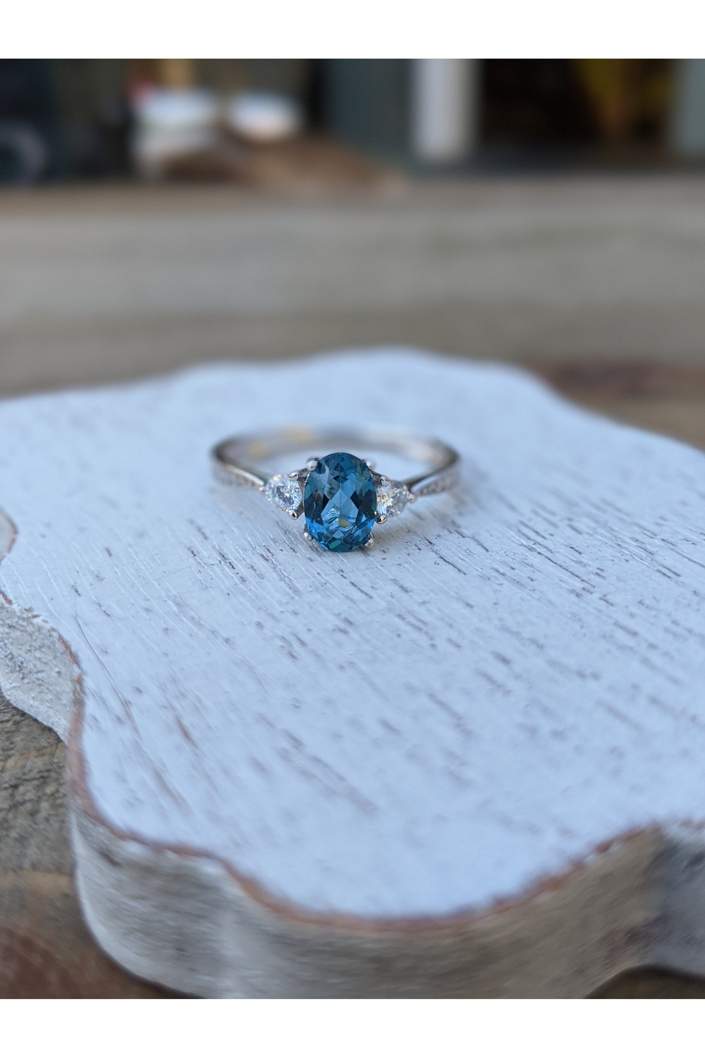 Blue Gemstone Silver Ring, London Blue Topaz, CZ