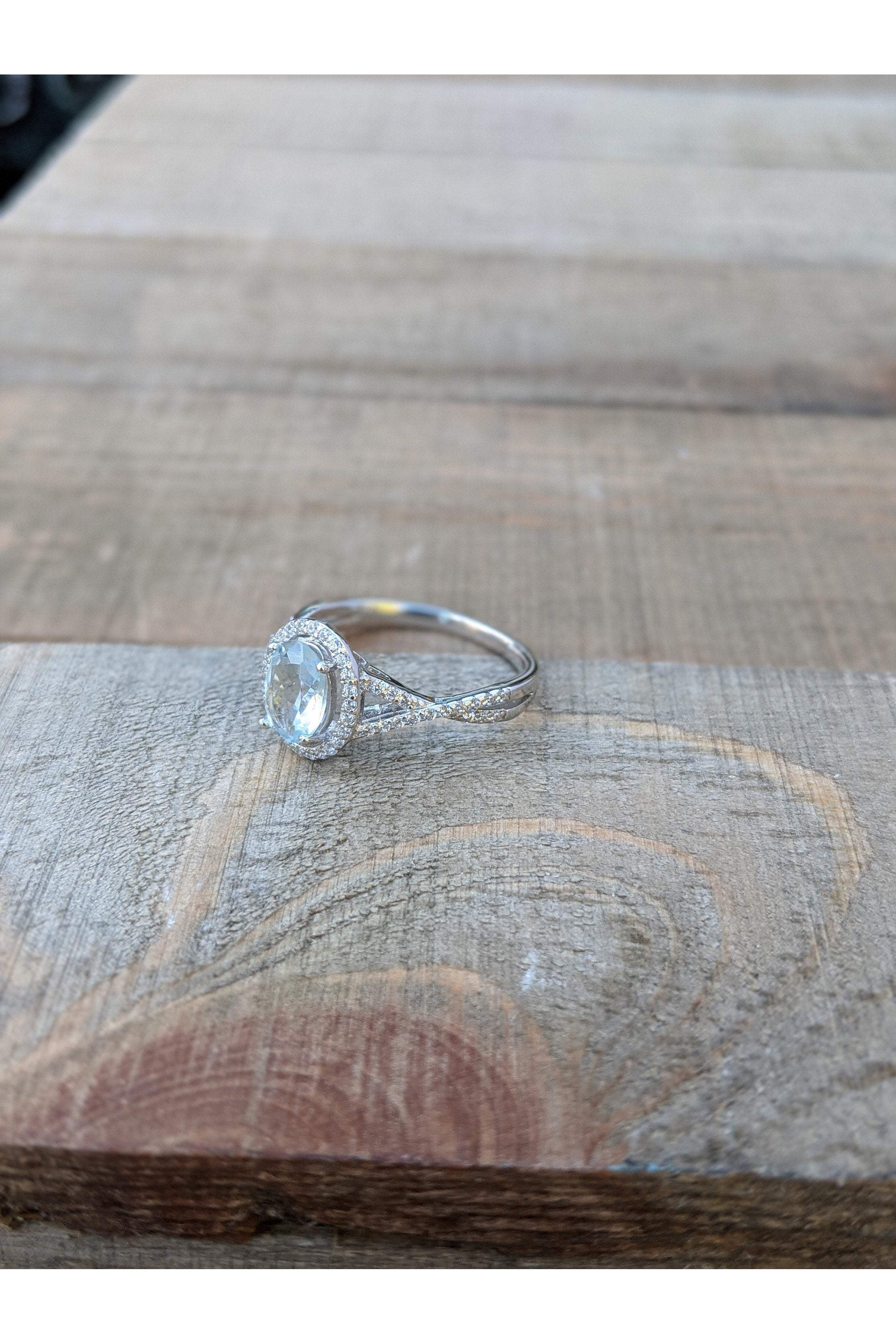 Aquamarine Ring, Blue Gemstone, CZ Engagement Ring