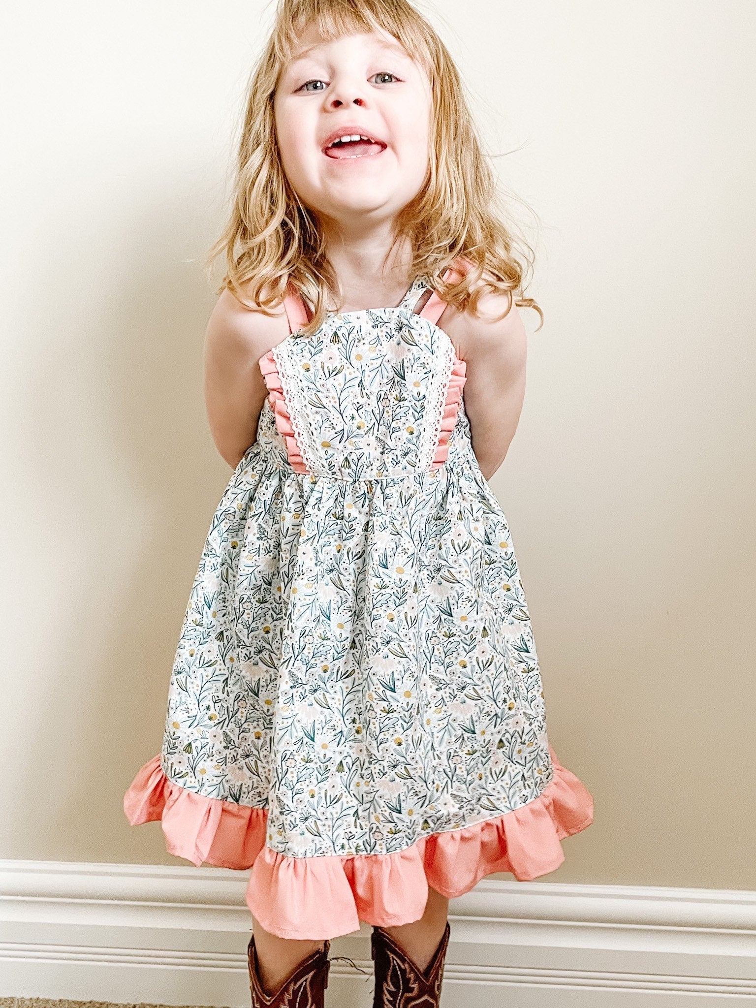 Custom Made Spring Easter Girls Floral Pink Sun Dress. Made in Canada by Oakley Rae Handmade