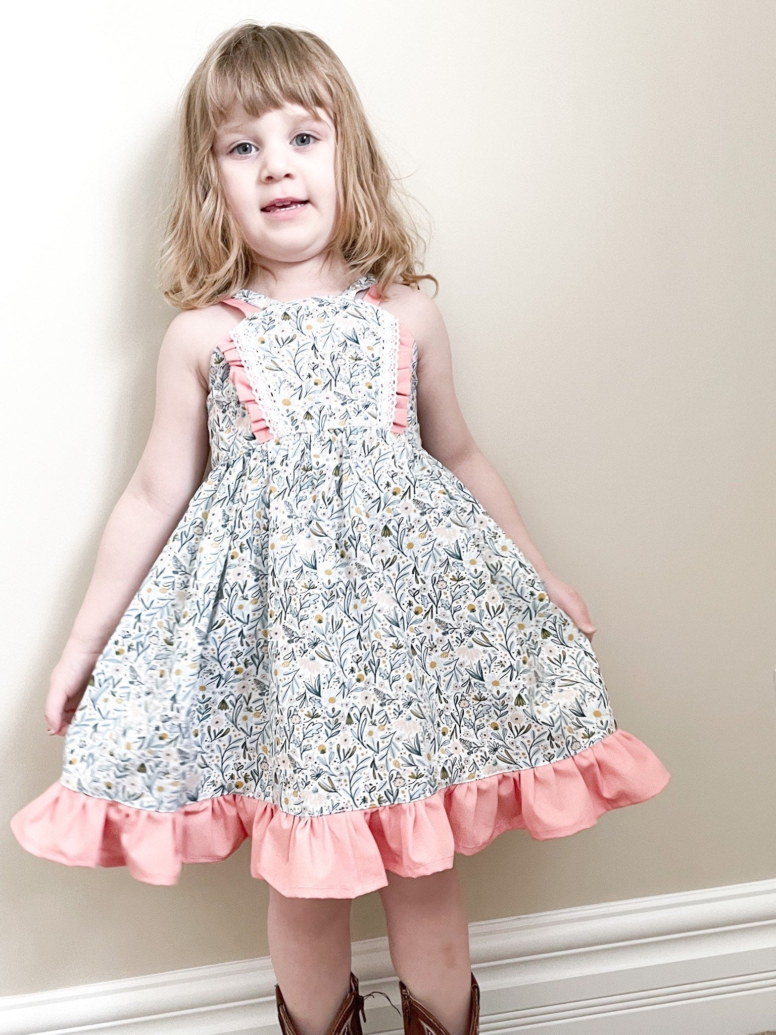Custom Made Spring Easter Girls Floral Pink Sun Dress. Made in Canada by Oakley Rae Handmade