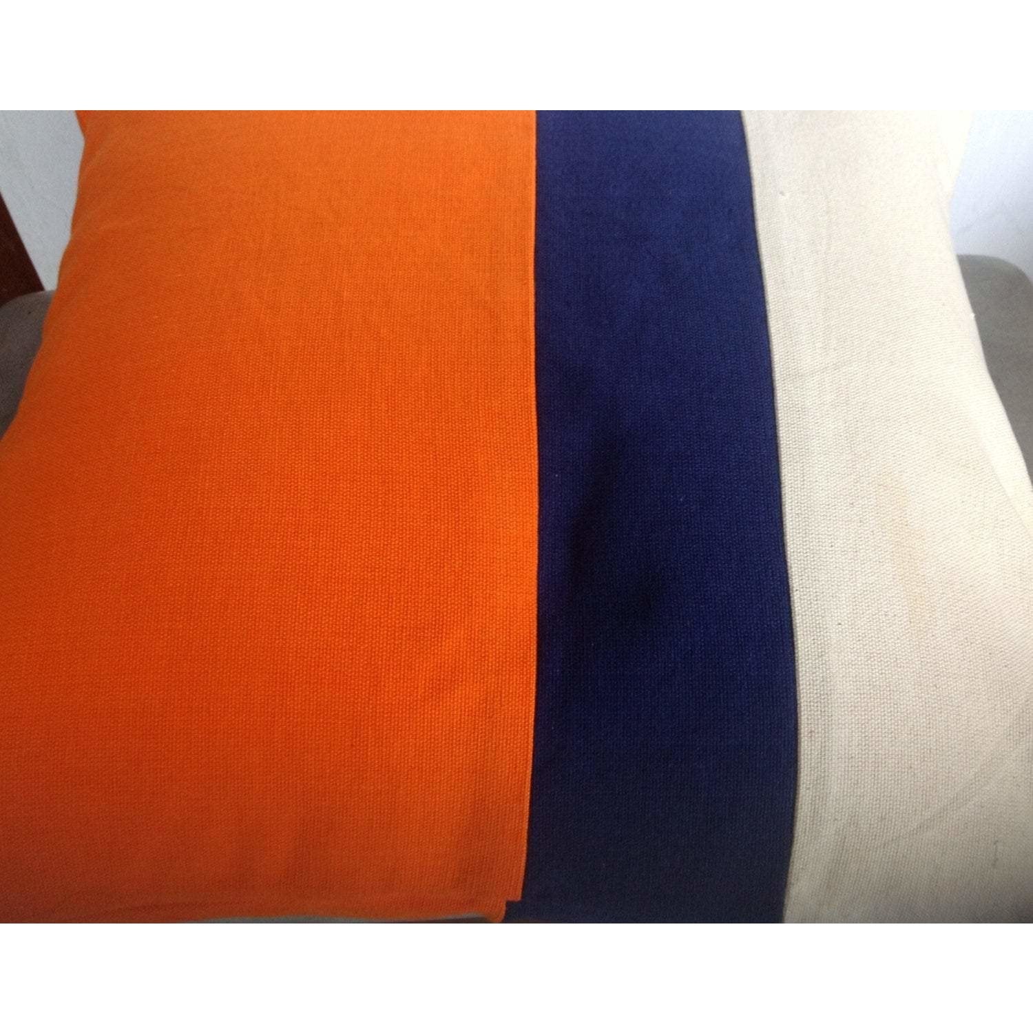 Orange, Navy and Cream Color Block Pillow