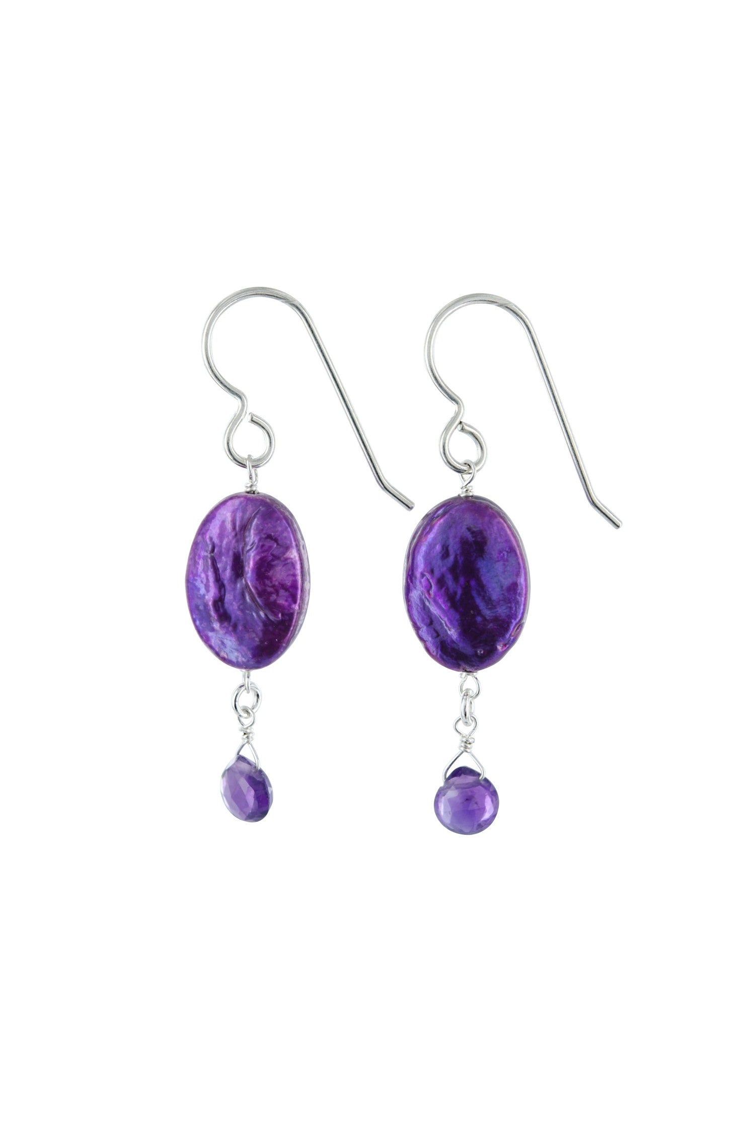Purple Coin Pearl, Amethyst Dangle Silver Earrings
