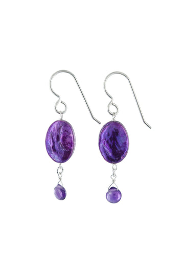 Purple Coin Pearl, Amethyst Dangle Silver Earrings