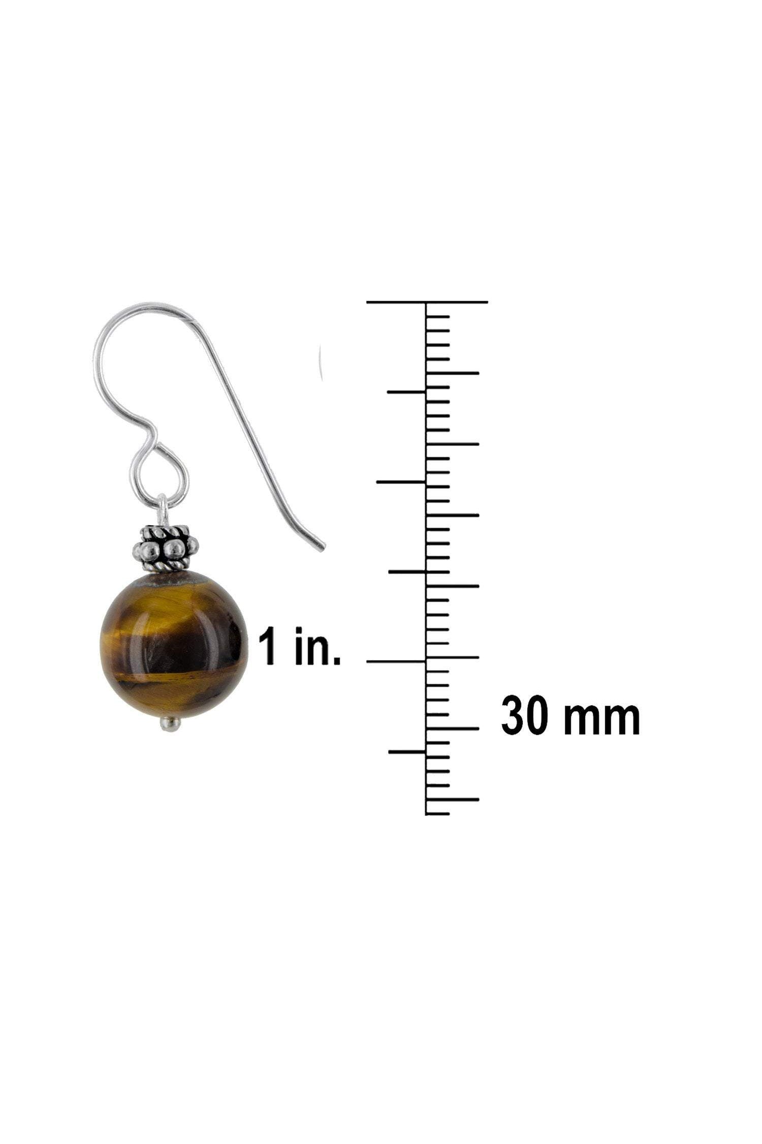 Round Tigers Eye Bead Brown Gemstone Silver Earrings
