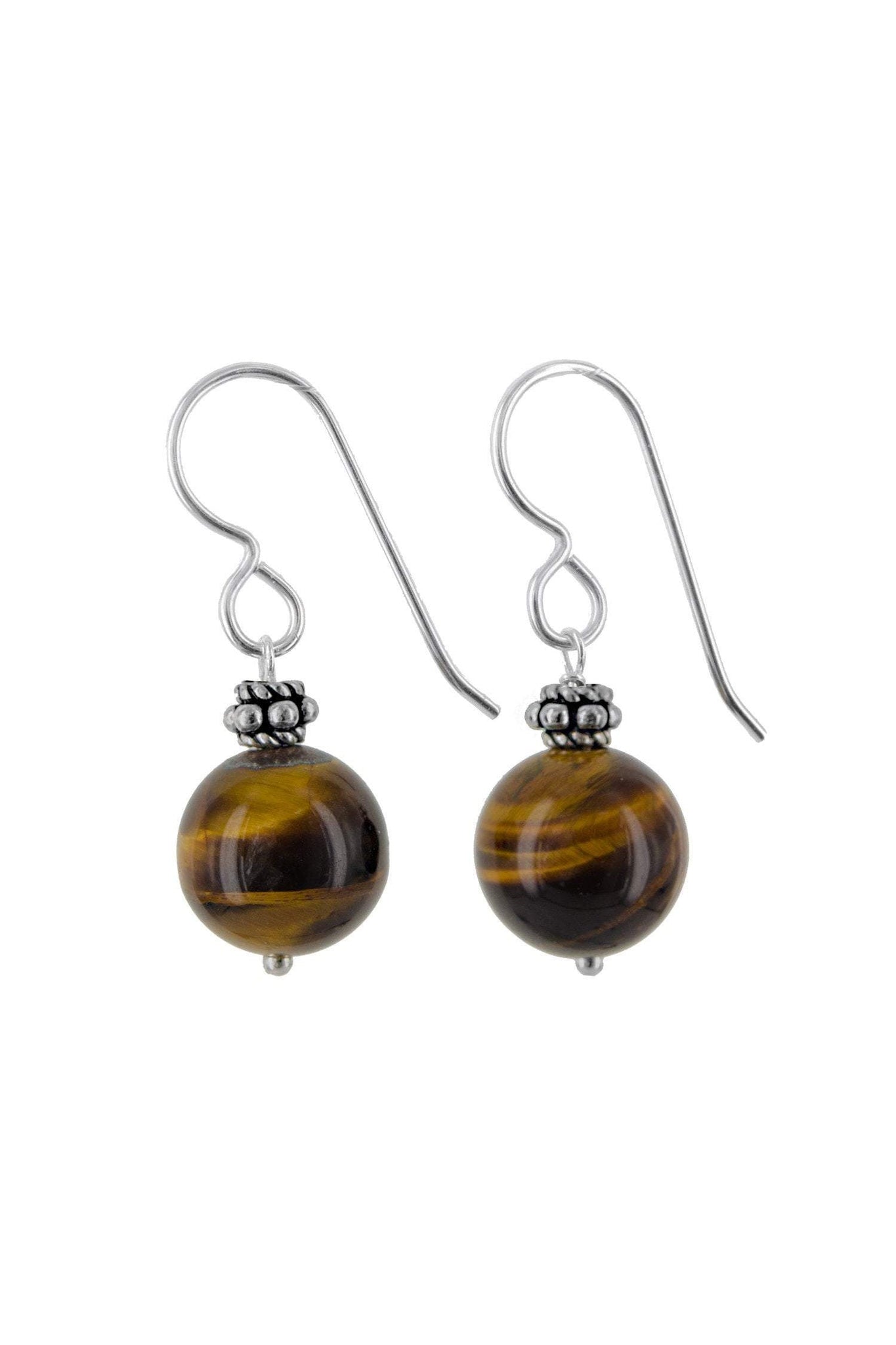 Round Tigers Eye Bead Brown Gemstone Silver Earrings