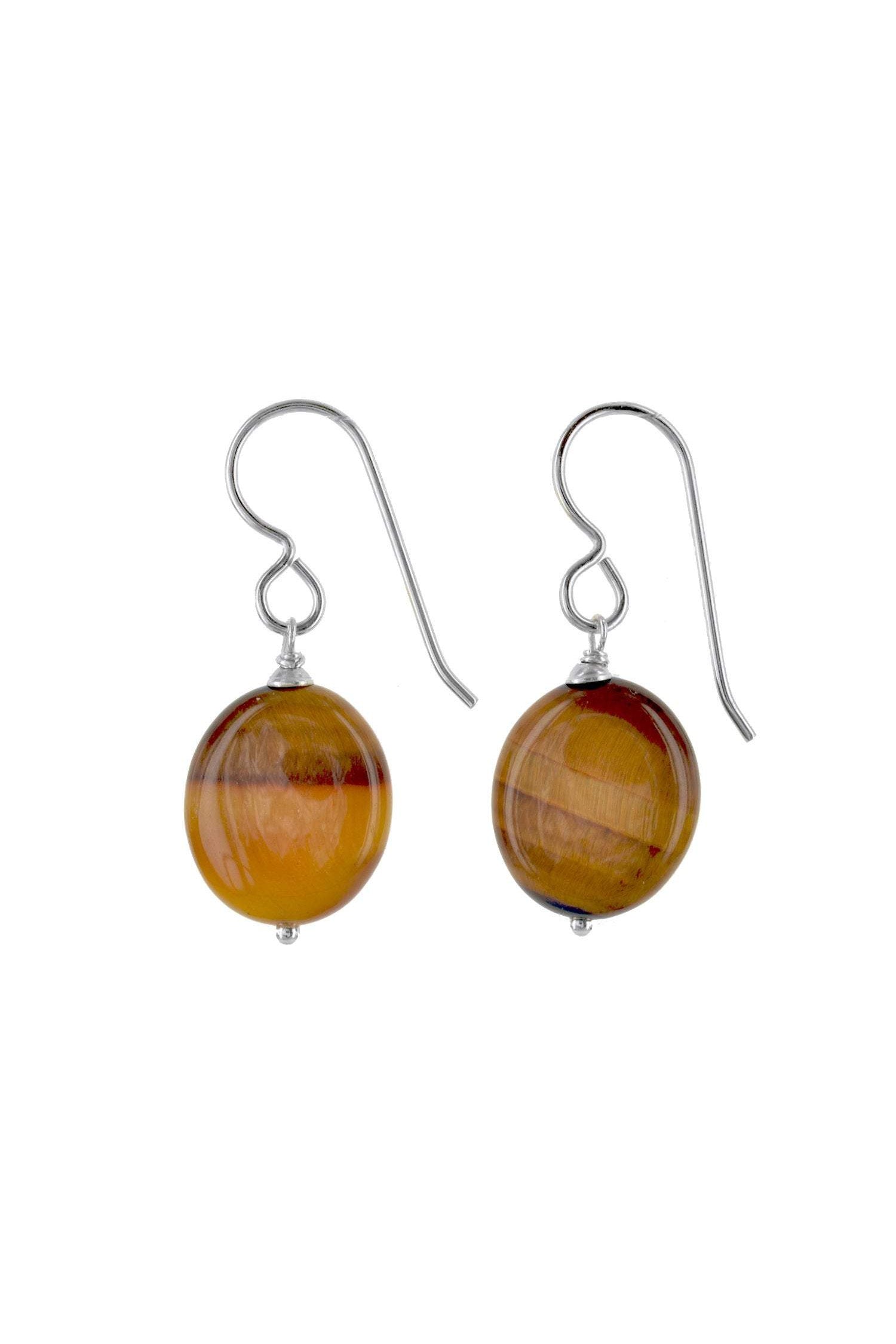 Oval Tigers Eye Brown Gemstone Minimalist Silver Earrings