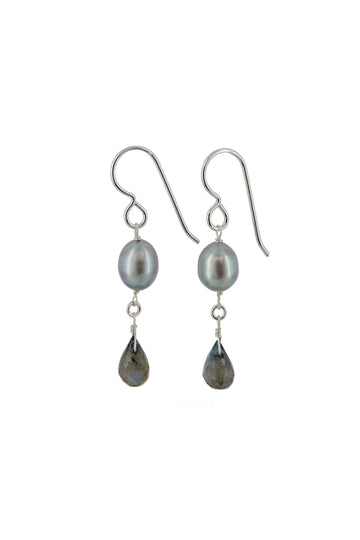 Labradorite , White Pearl Drop Earrings