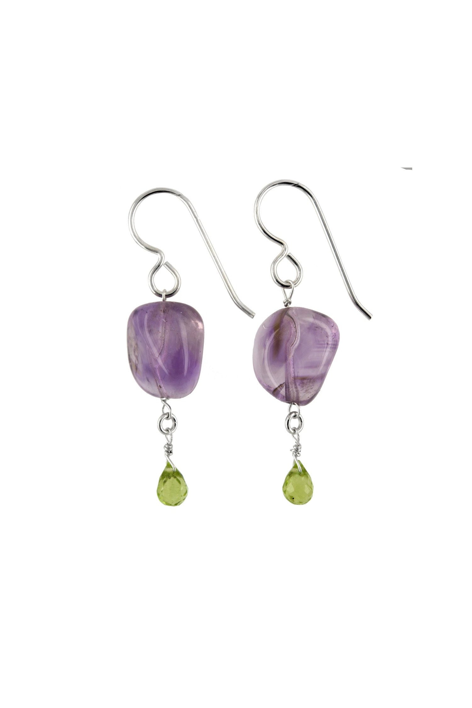 Green Peridot, Purple Amethyst Raw Gemstone Dangle Earrings