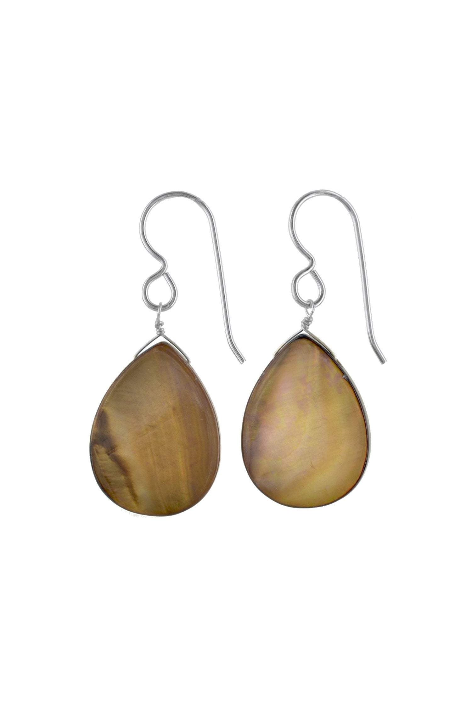 Brown Mother of Pearl Teardrop Silver Earrings