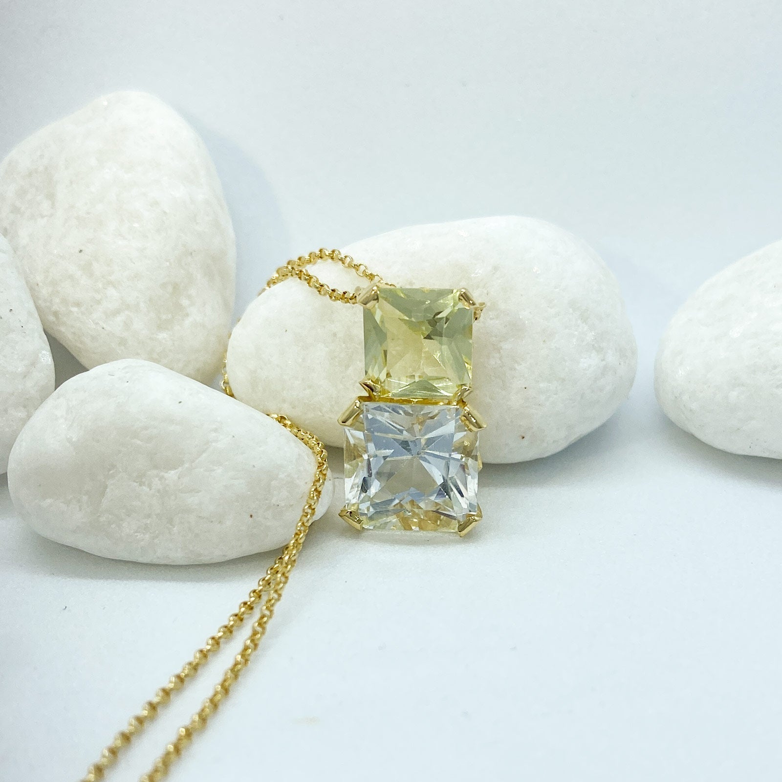 White Topaz, Lemon Quartz Plated Yellow Gold Silver Necklace | Sparkle Stargaze Asscher Necklace